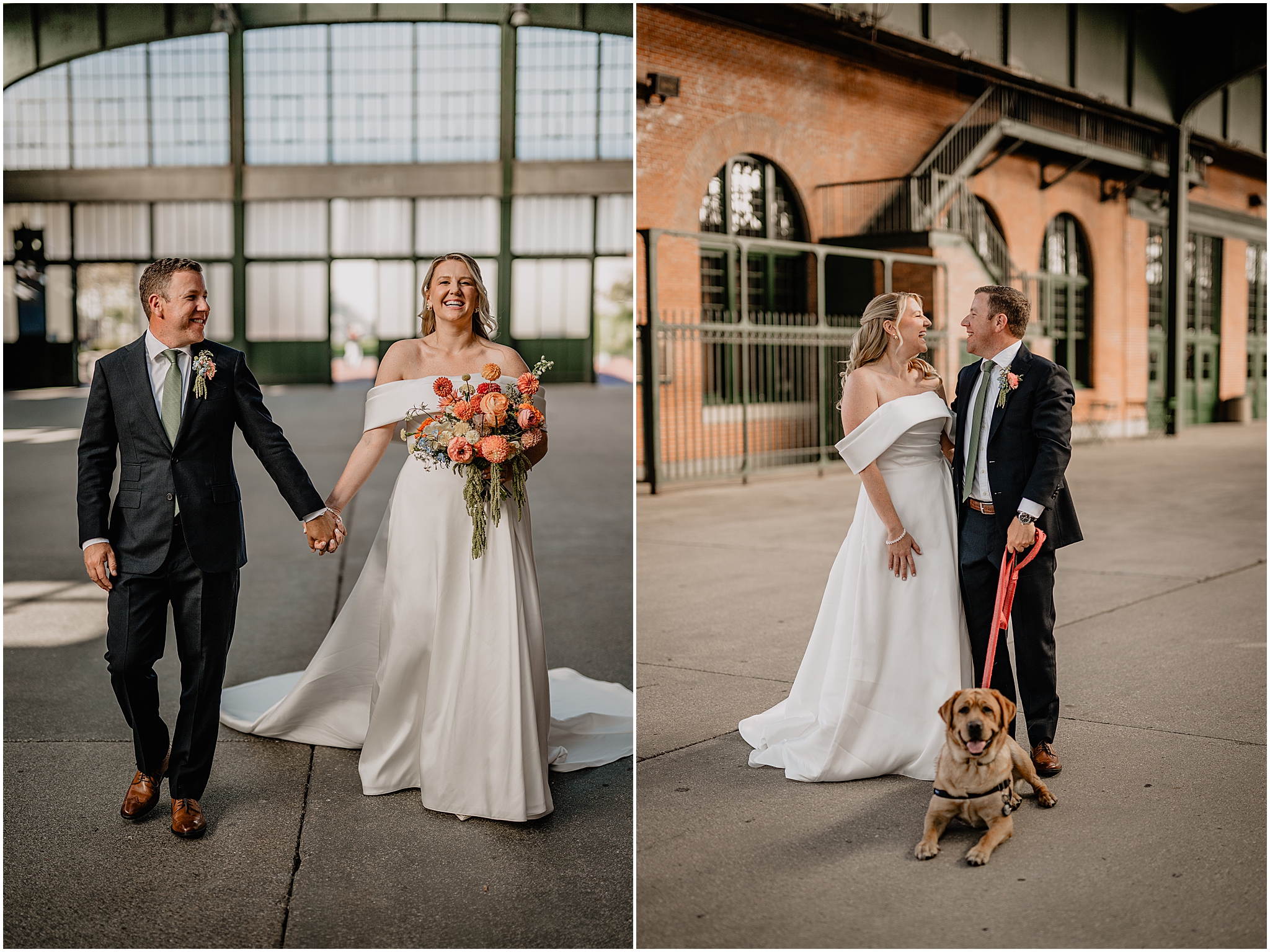 Couple’s portraits with their beloved dog at their Colorful Fall Wedding at Liberty House.