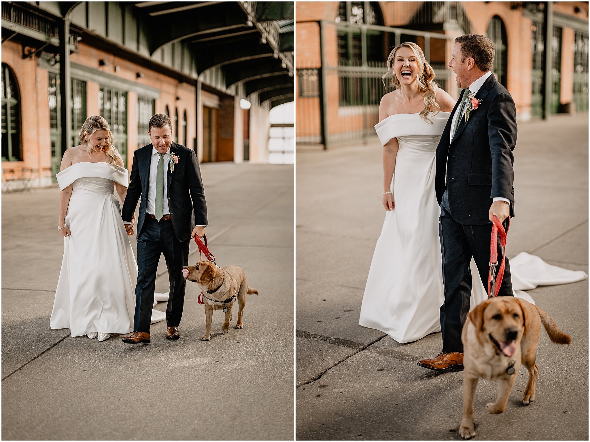 Couple’s portraits with their beloved dog at their Colorful Fall Wedding at Liberty House.