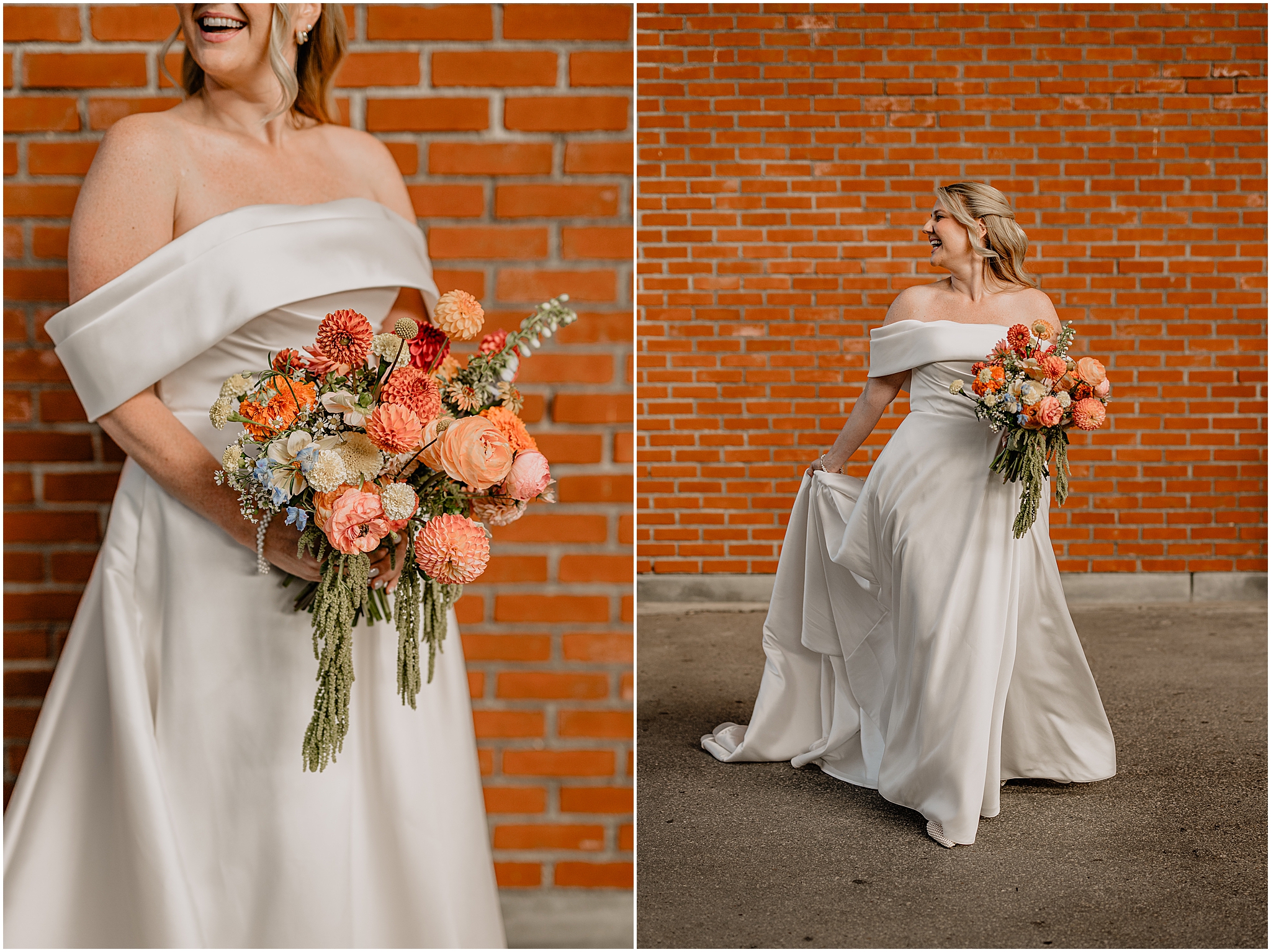 Bride’s stunning portrait with a brick wall backdrop at her Colorful Fall Wedding at Liberty House.