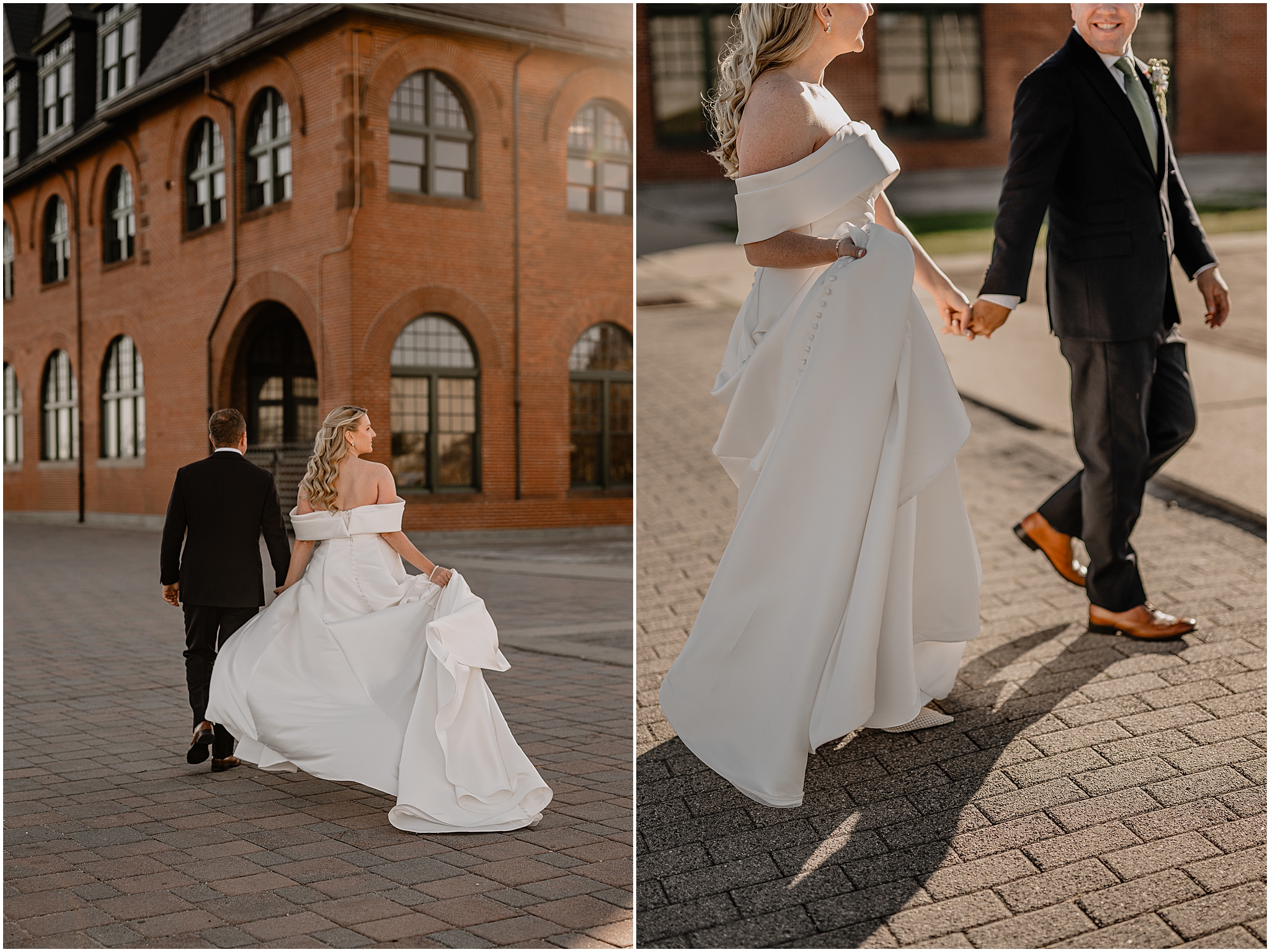 Couple walking hand-in-hand at their Colorful Fall Wedding at Liberty House.