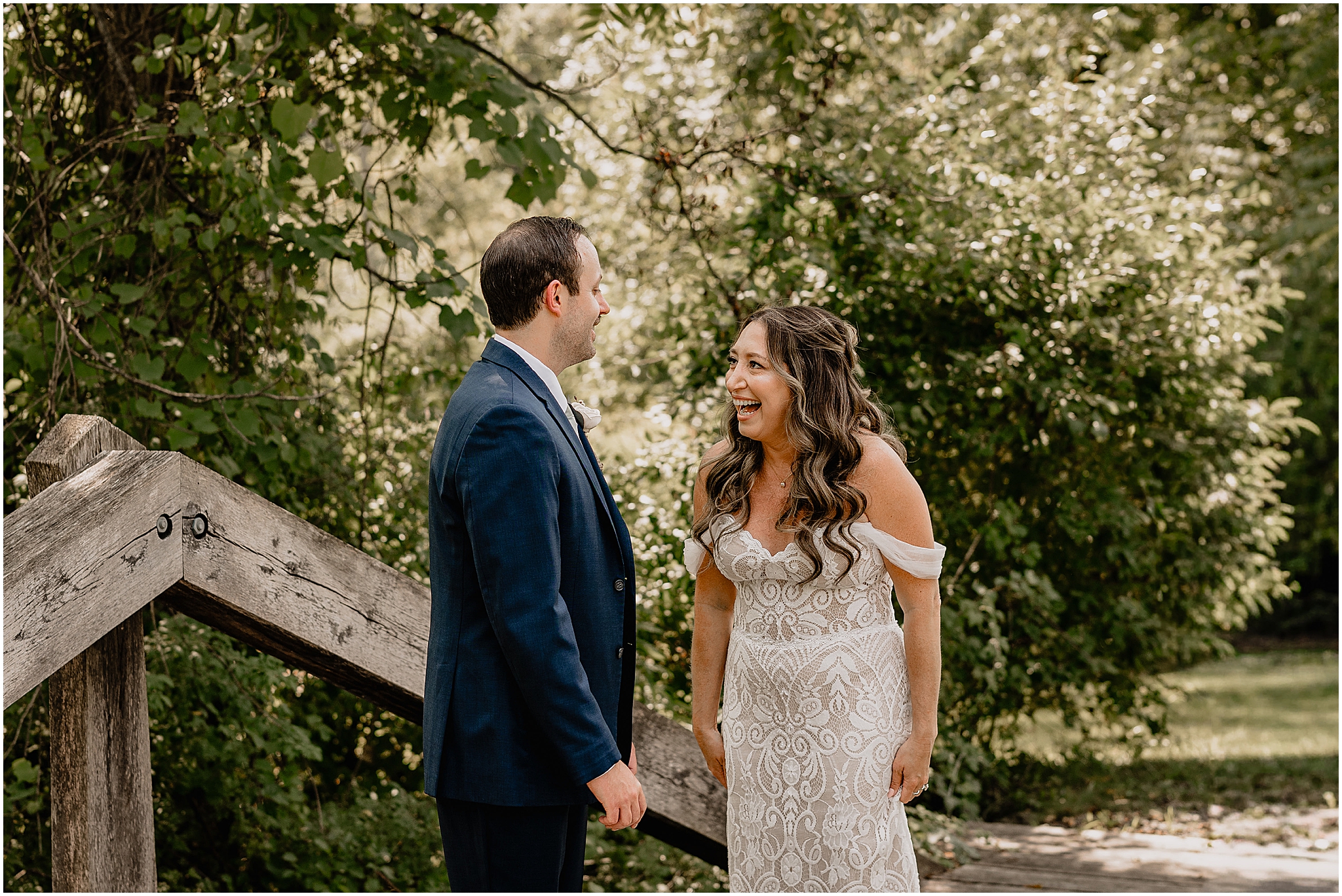 Couple's first look before their summer wedding at Waterloo Village.