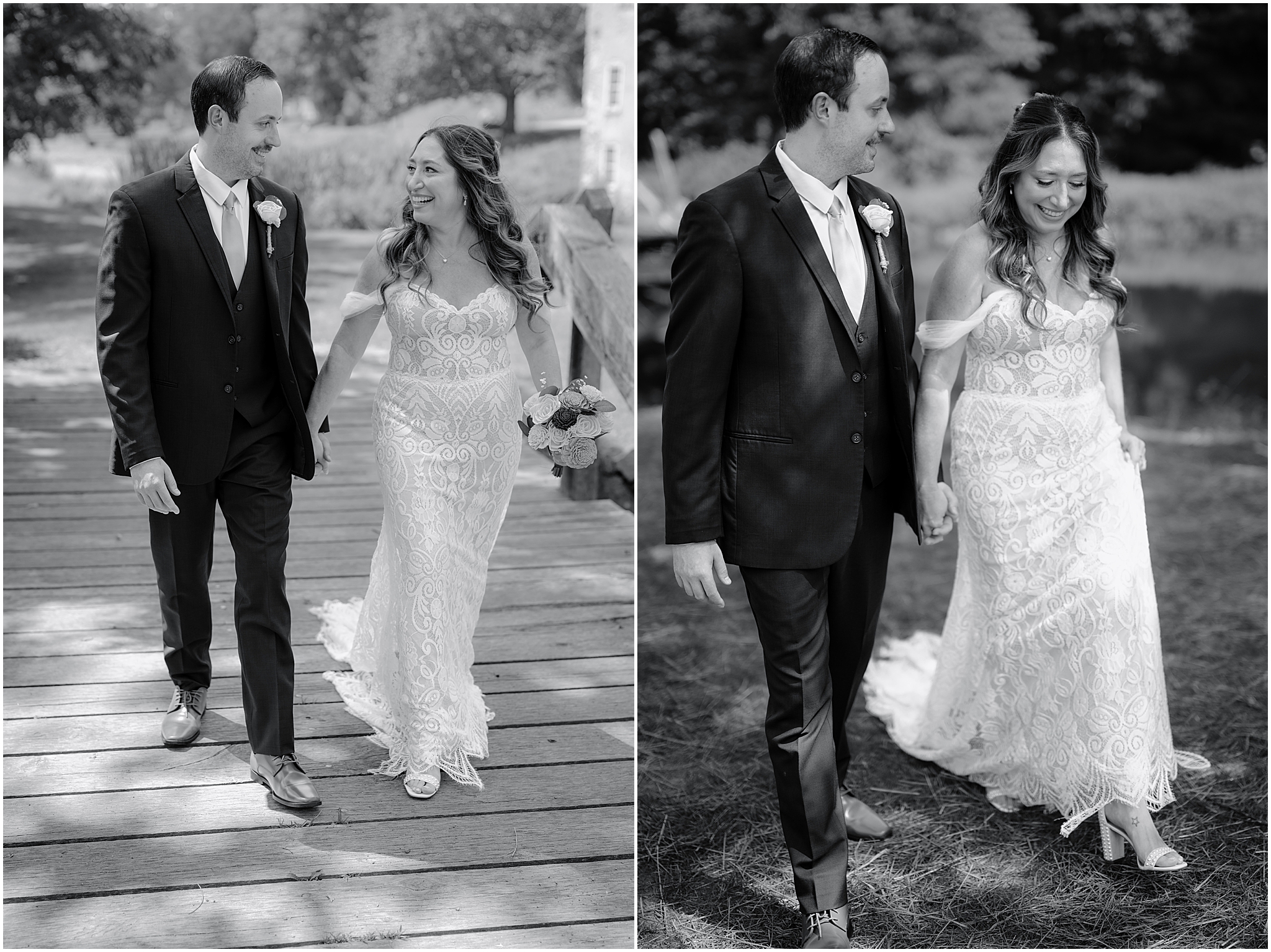 Stephanie and Ryan walking hand-in-hand, smiling on their summer wedding day at Waterloo Village.