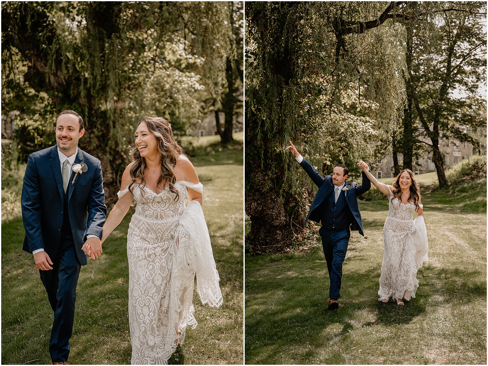 Stephanie and Ryan walking hand-in-hand, smiling on their summer wedding day at Waterloo Village.