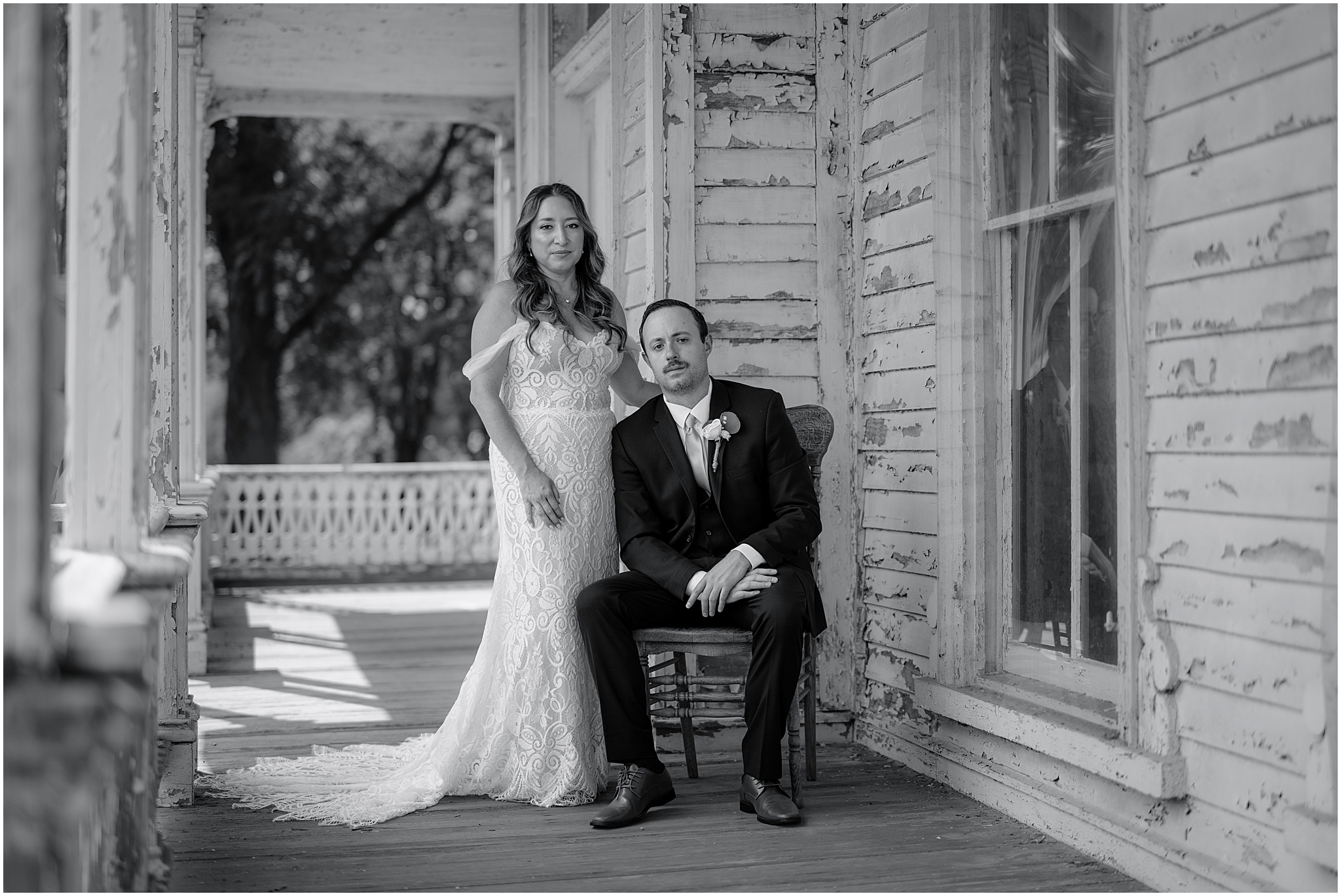 Stephanie and Ryan sharing a joyful moment during their summer wedding at Waterloo Village.