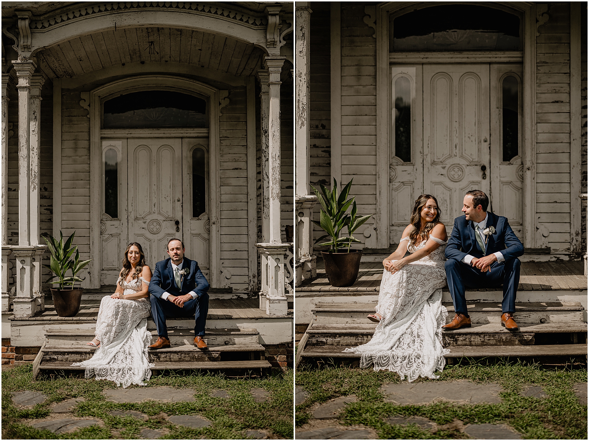 Stephanie and Ryan sharing a joyful moment during their summer wedding at Waterloo Village.