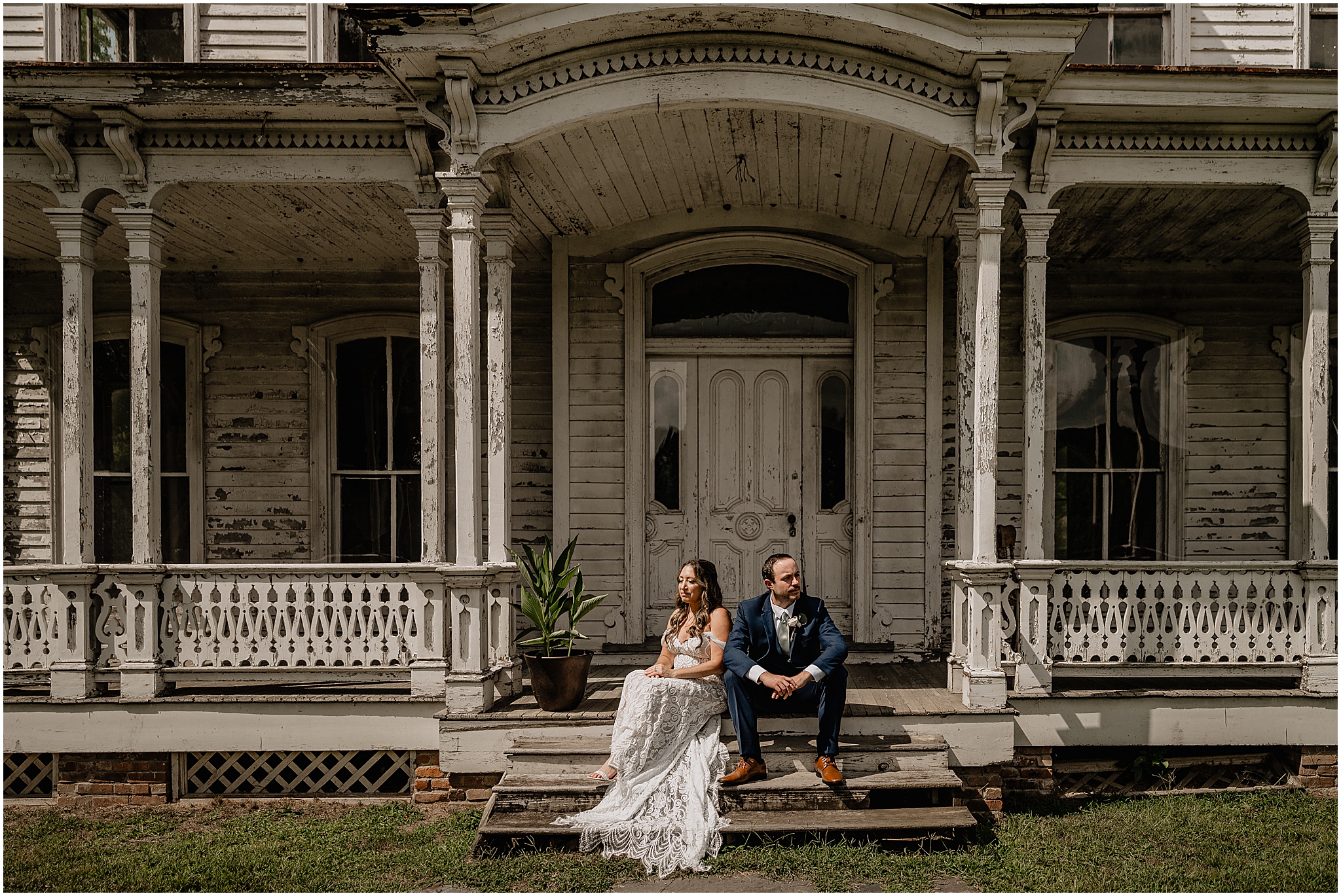Stephanie and Ryan sharing a joyful moment during their summer wedding at Waterloo Village.