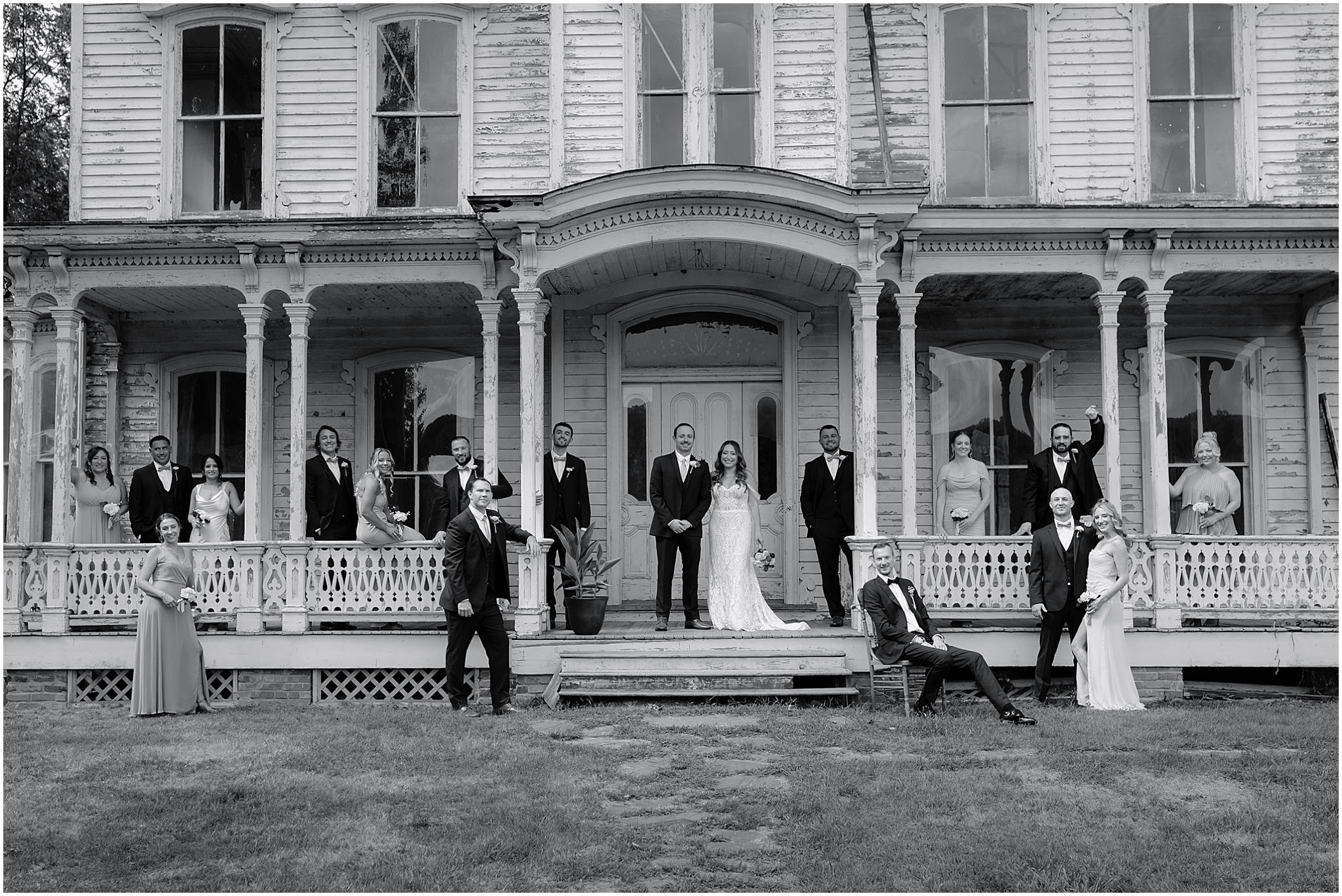 Couple and bridal party portrait during their summer wedding at Waterloo Village.