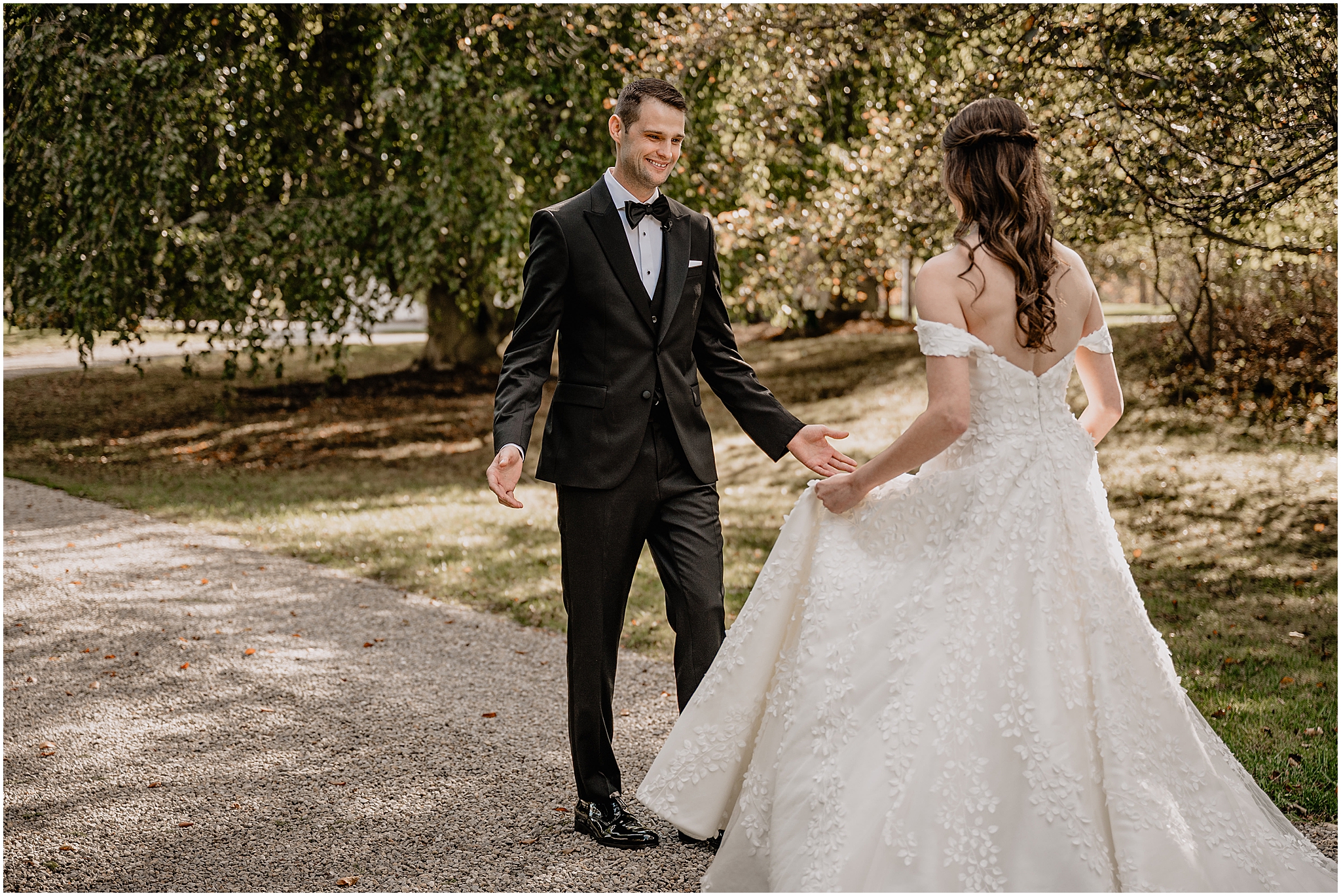 Couple's first look before their fall wedding at Crossed Keys Estate.