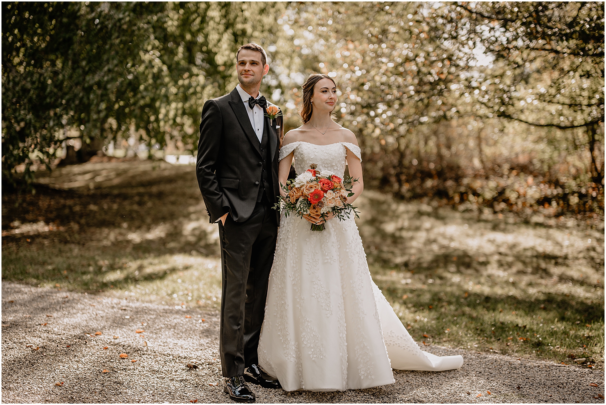 Couple portraits before their fall wedding at Crossed Keys Estate.