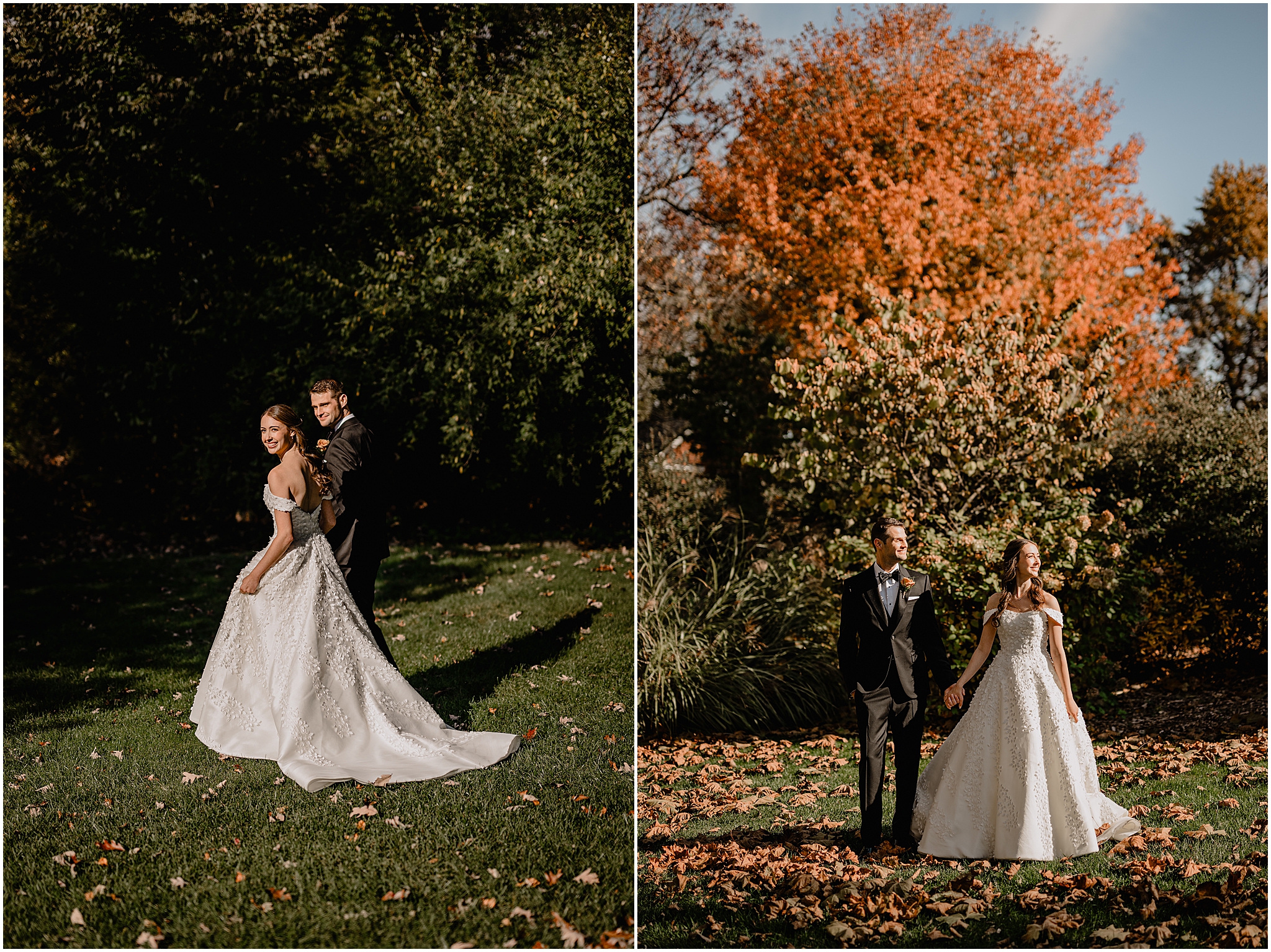 Couple's stunning portraits surrounded by autumn leaves before their fall wedding at Crossed Keys Estate.