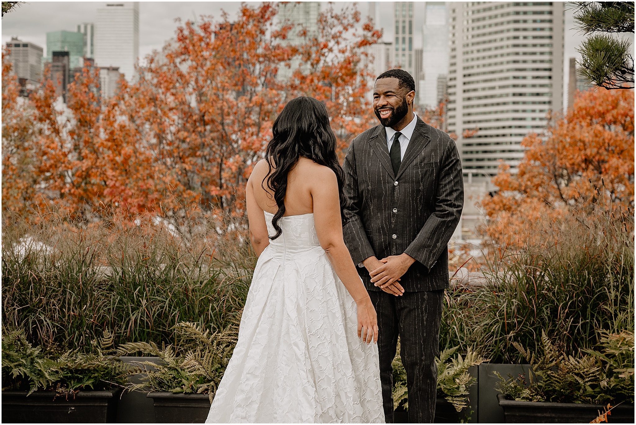 Couple’s first look during their Intimate Fall Wedding at The Foundry LIC, capturing a heartfelt and emotional moment.