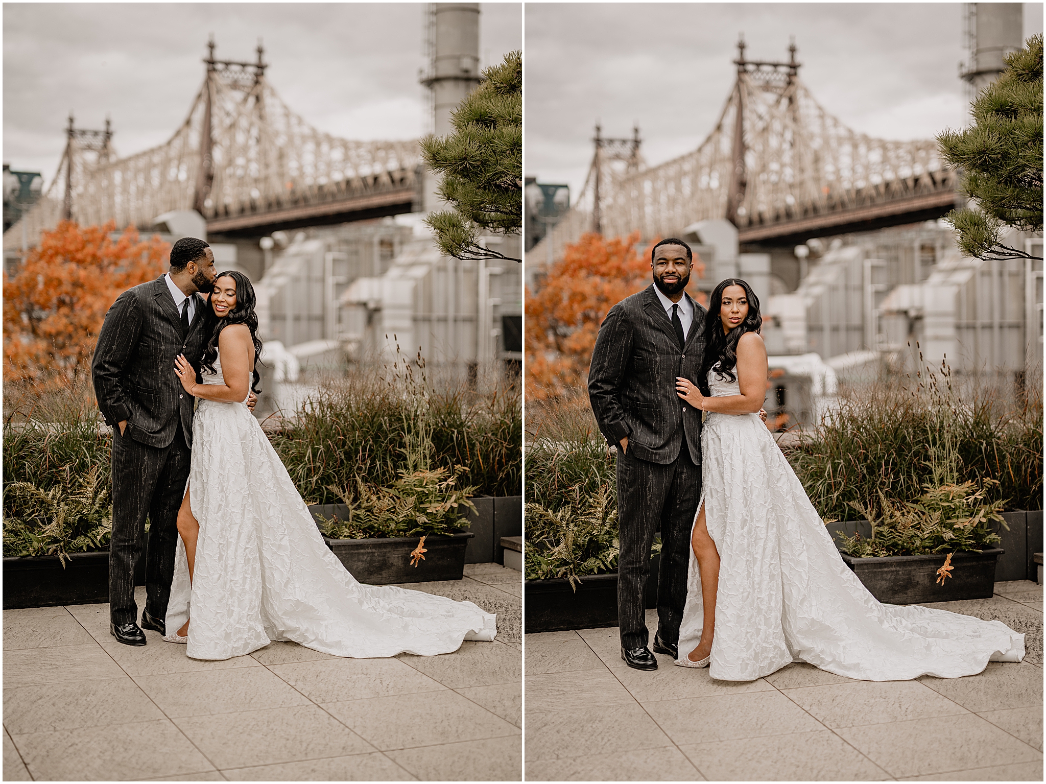 Couple portrait with the bridge in the background during their Intimate Fall Wedding at The Foundry LIC, framed by autumn colors and timeless romance.