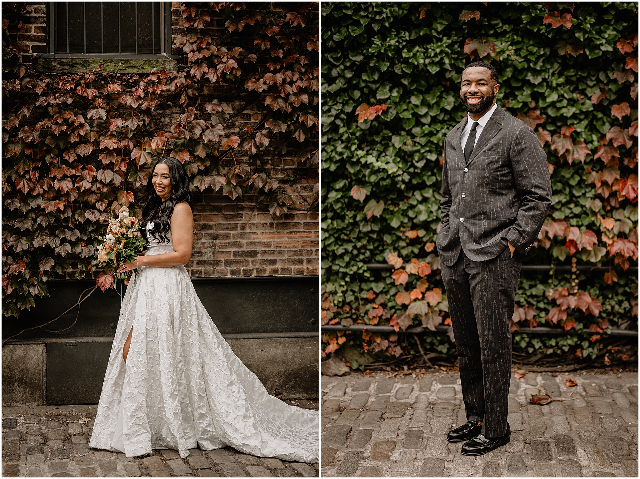 Couple portrait during their Intimate Fall Wedding at The Foundry LIC, surrounded by vibrant autumn foliage and natural beauty.