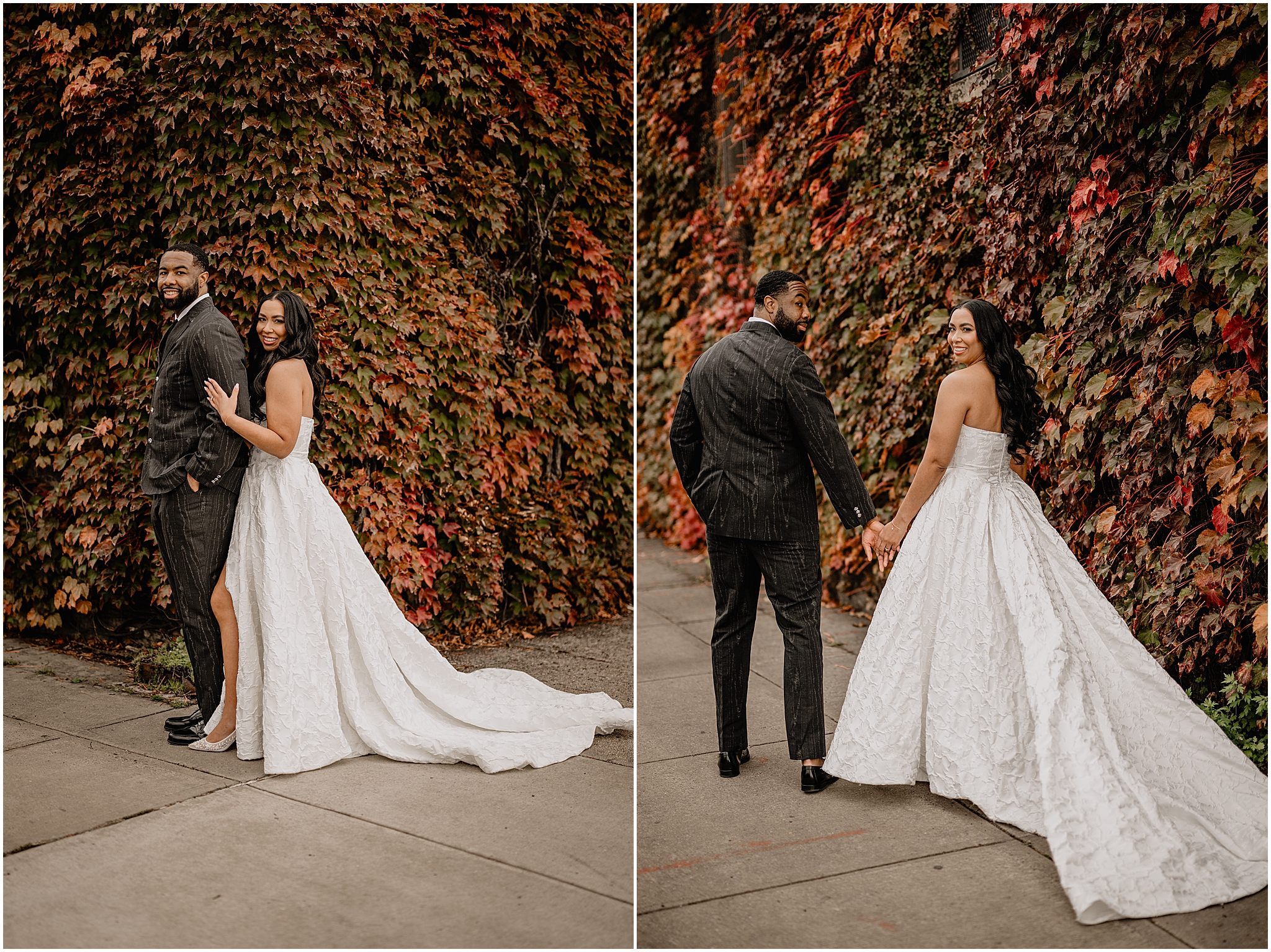 Couple portrait during their Intimate Fall Wedding at The Foundry LIC, surrounded by vibrant autumn foliage and natural beauty.