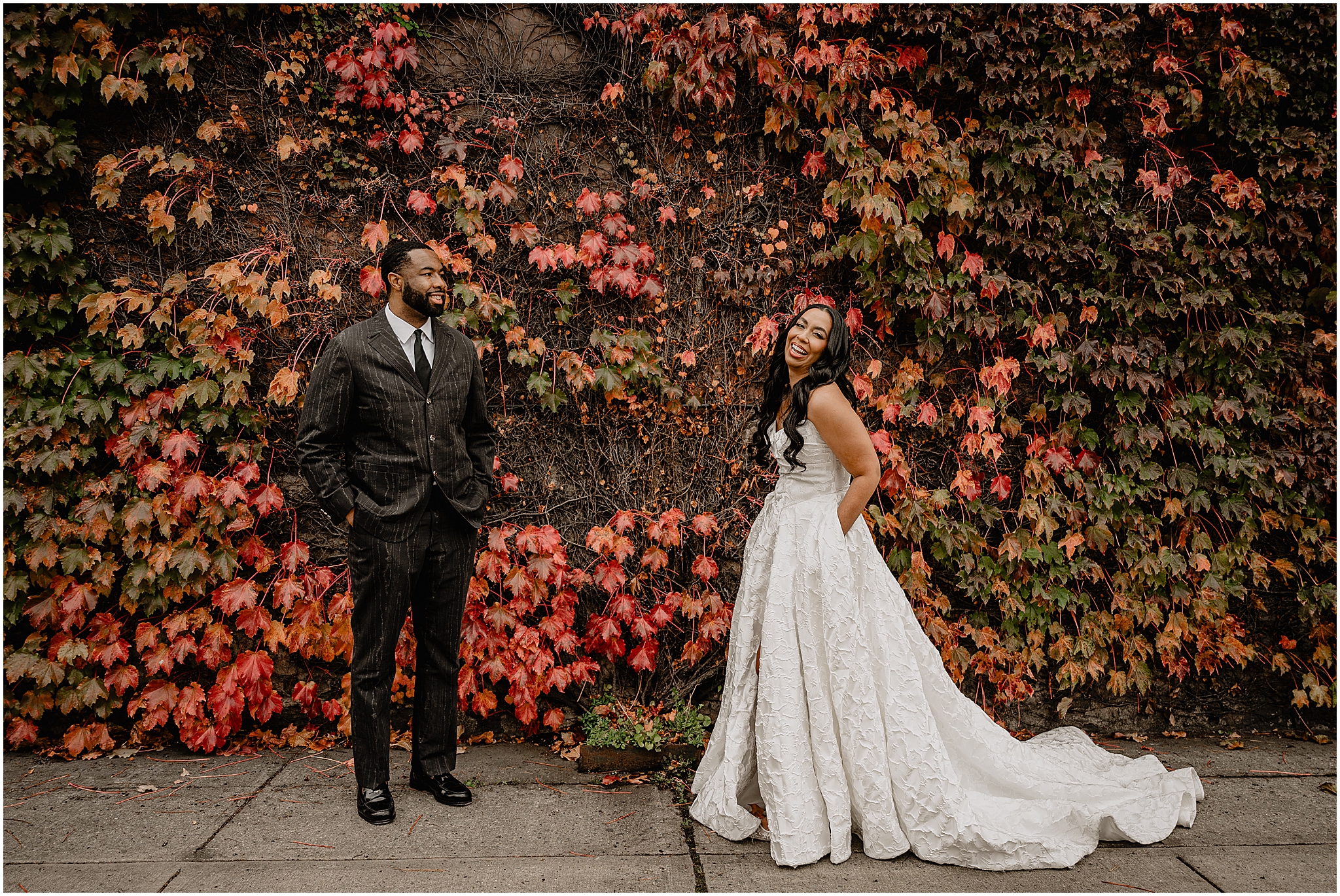 Couple portrait during their Intimate Fall Wedding at The Foundry LIC, surrounded by vibrant autumn foliage and natural beauty.