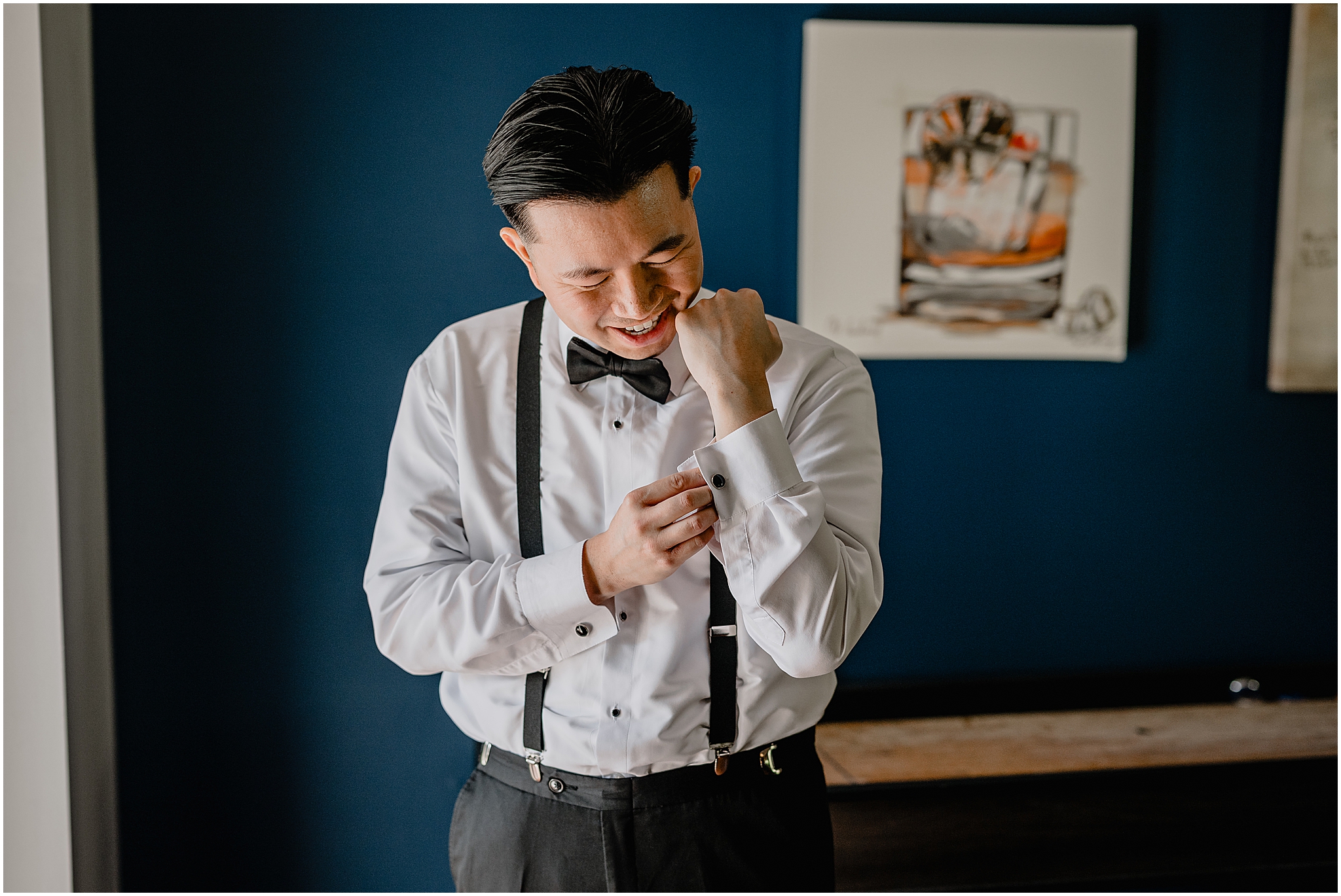 Groom getting ready for his fall wedding at Perona Farms Reserve, capturing the excitement and anticipation of the big day.