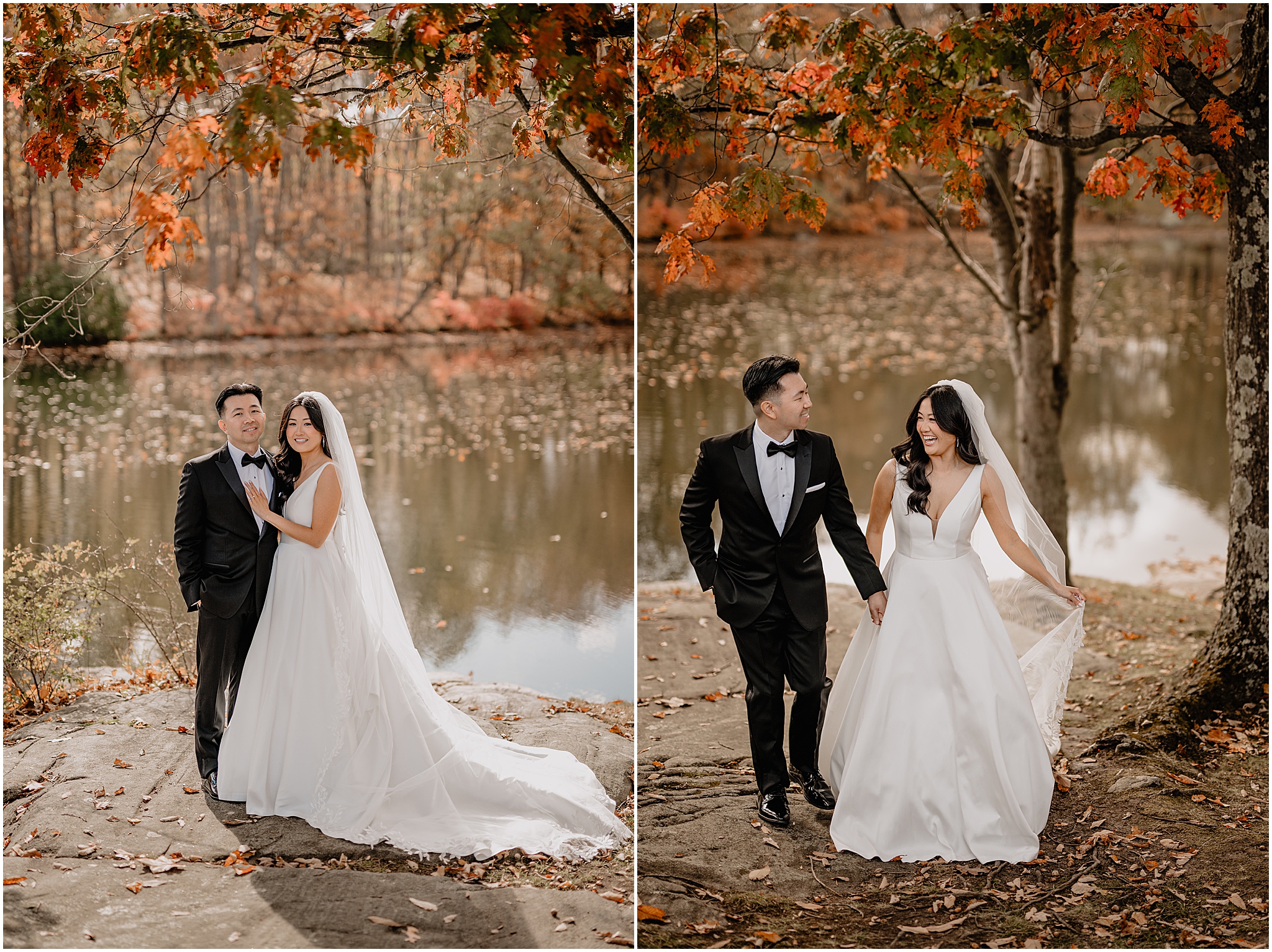 Couple portraits by the lake during their fall wedding at Perona Farms Reserve, capturing their love and connection with the stunning autumn landscape in the background.