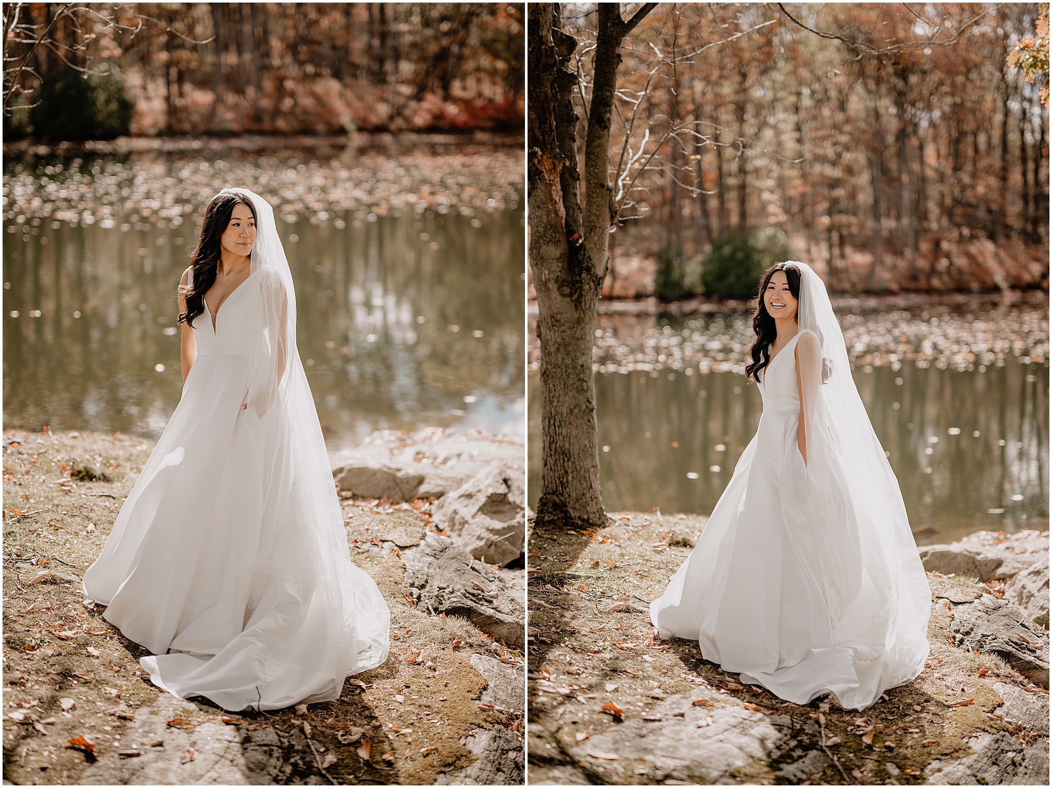 Bride's stunning portraits by the lake before her fall wedding at Perona Farms Reserve.