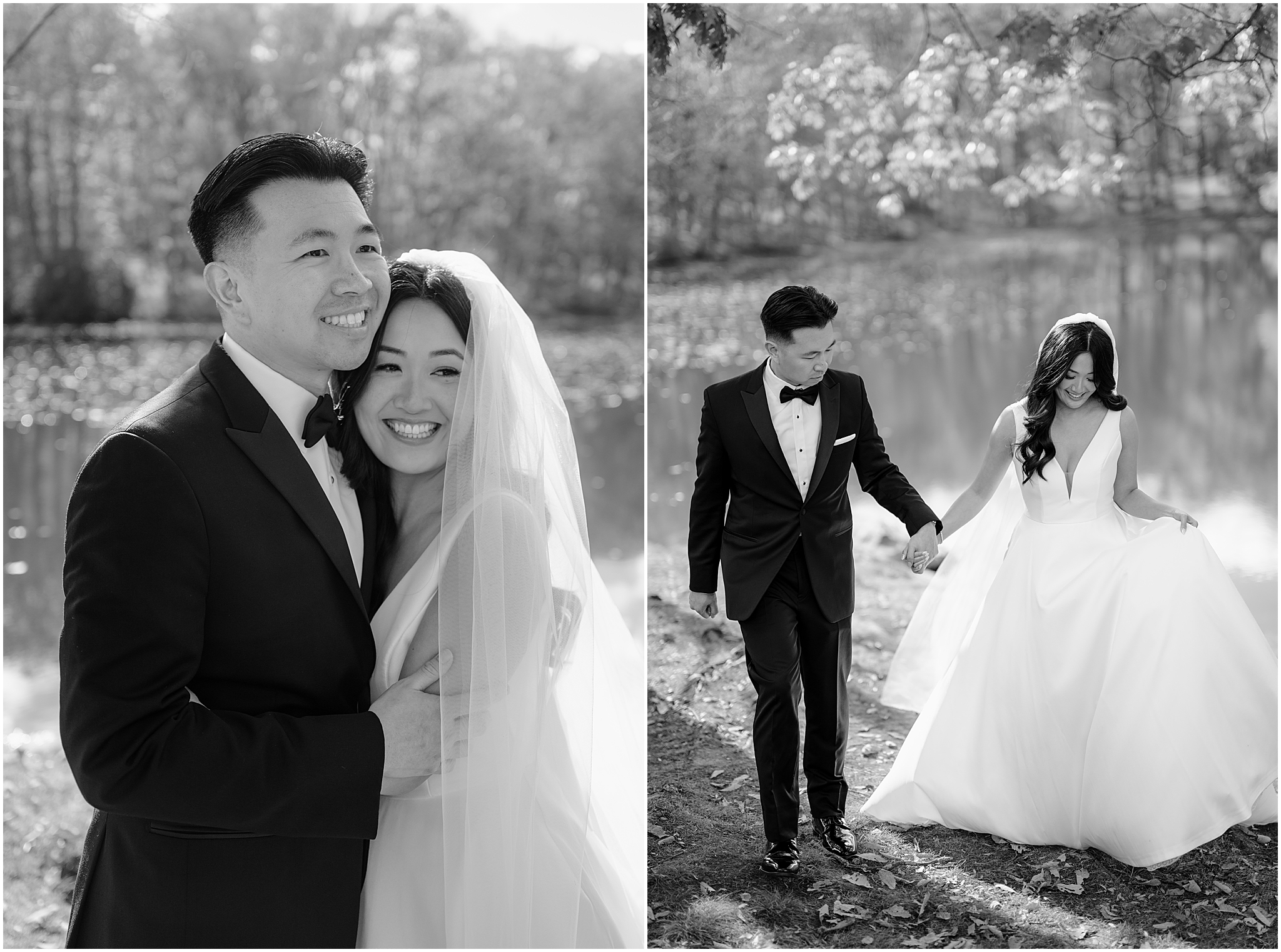 Couple portraits by the lake during their fall wedding at Perona Farms Reserve, capturing their love and connection with the stunning autumn landscape in the background.