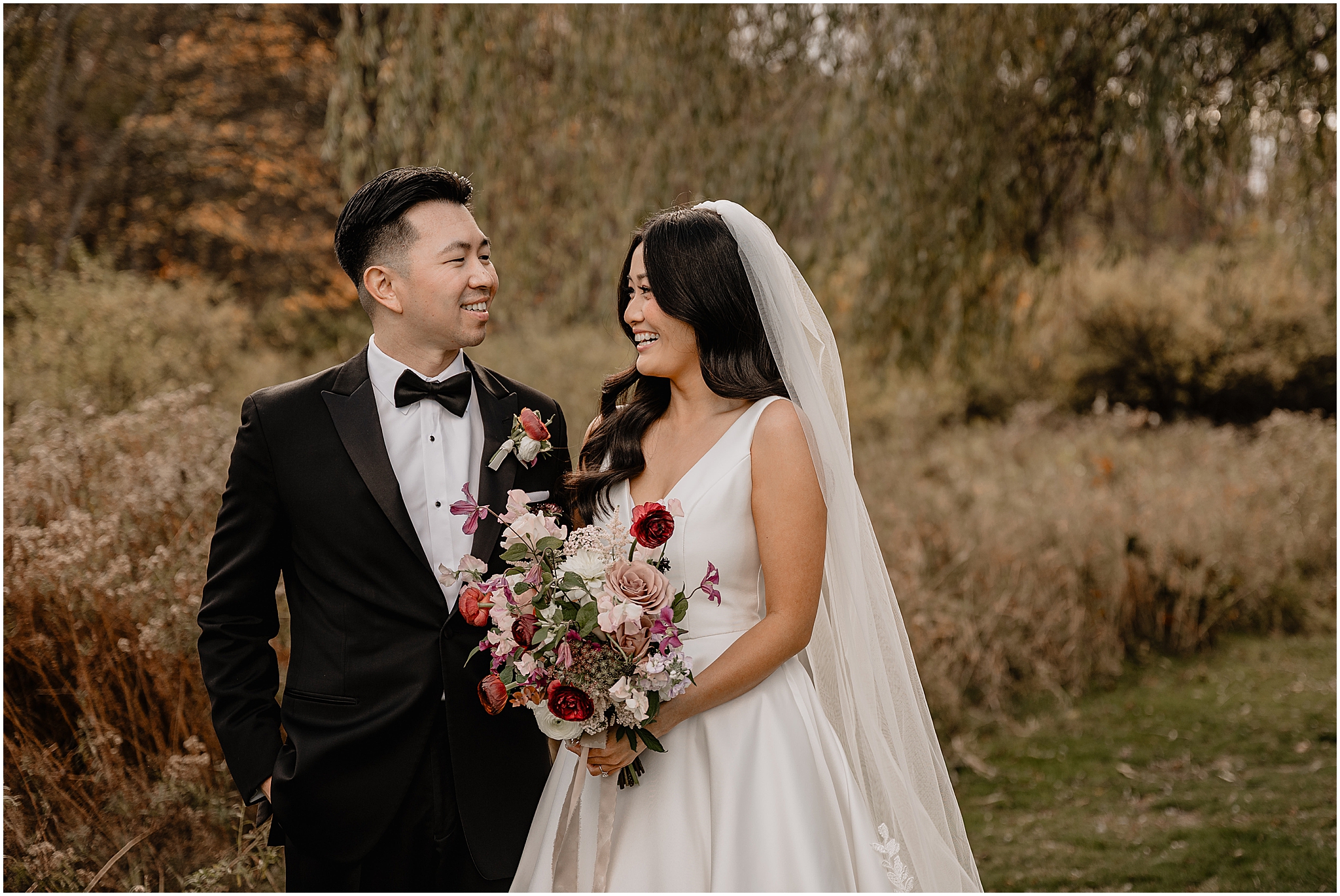Couple portraits during their fall wedding at Perona Farms Reserve, showcasing their love and connection amidst the beautiful autumn scenery.