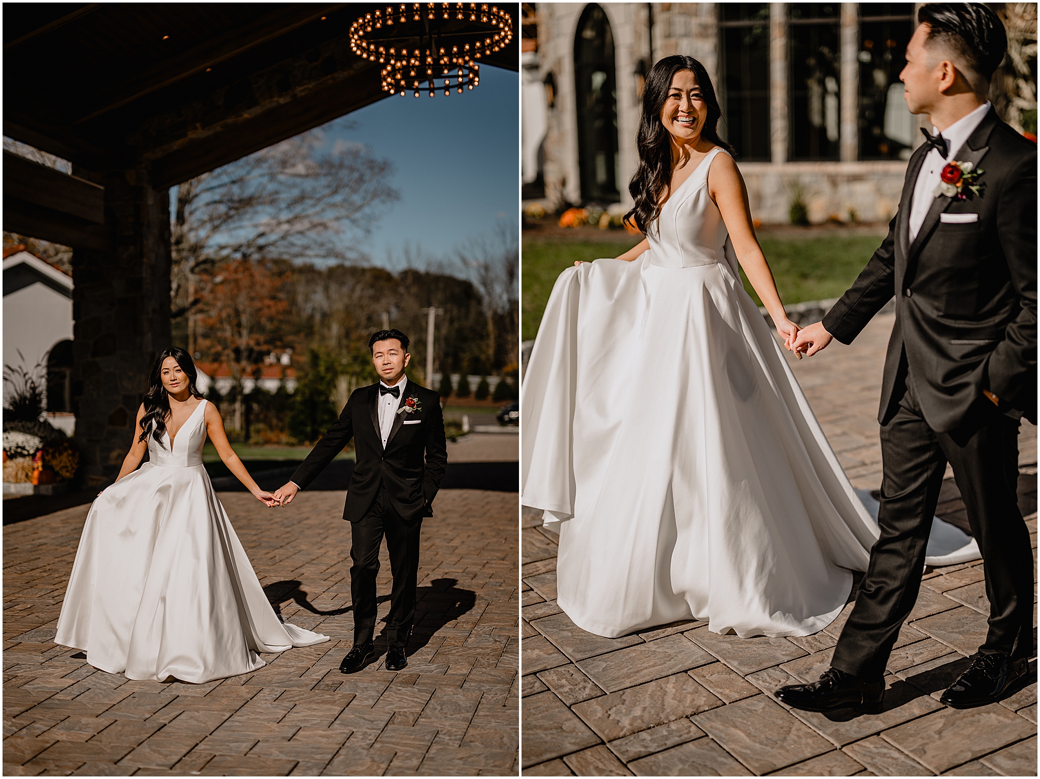 Couple walking hand in hand during their fall wedding at Perona Farms Reserve, enjoying a peaceful moment together amidst the scenic autumn landscape.