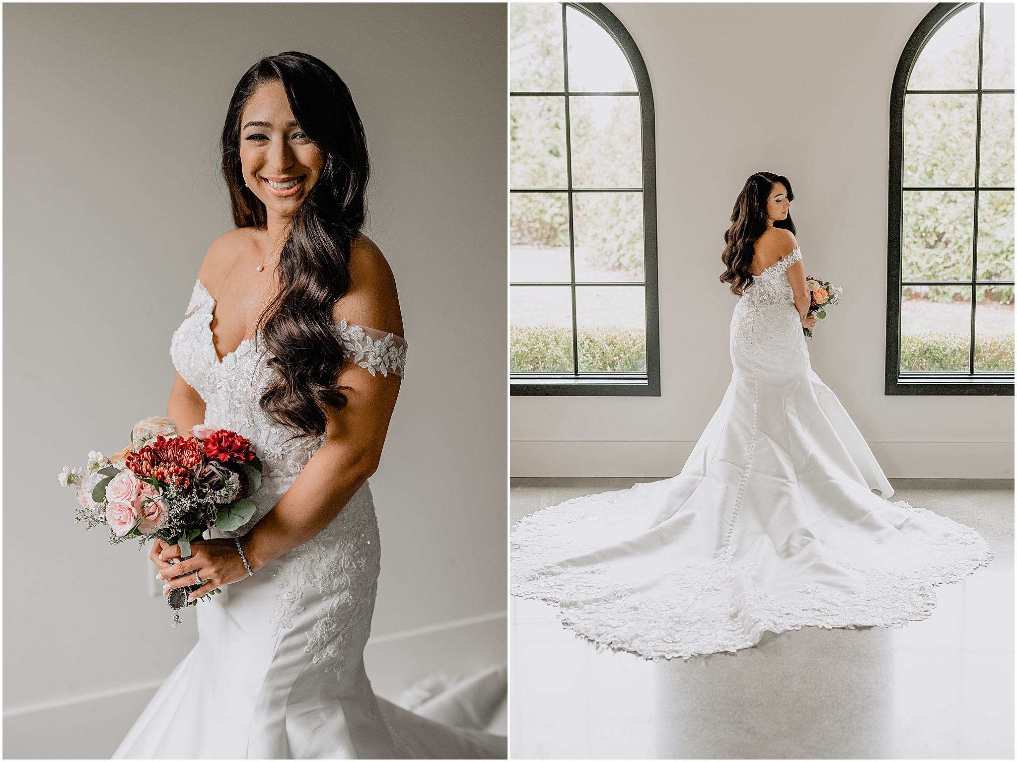 Beautiful bridal portraits before the ceremony during a fall wedding at Perona Farms Refinery, capturing timeless elegance and soft autumn light.