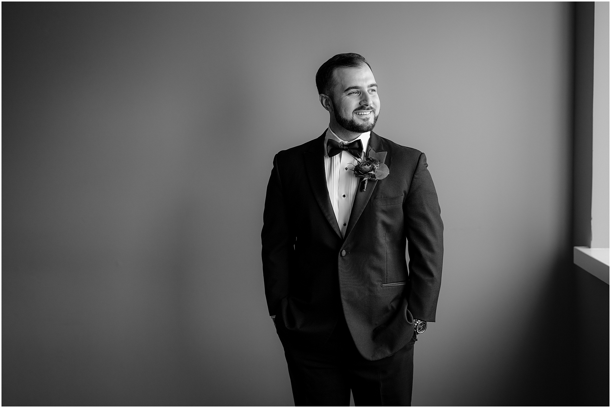 Groom portraits before their fall wedding at Perona Farms Refinery