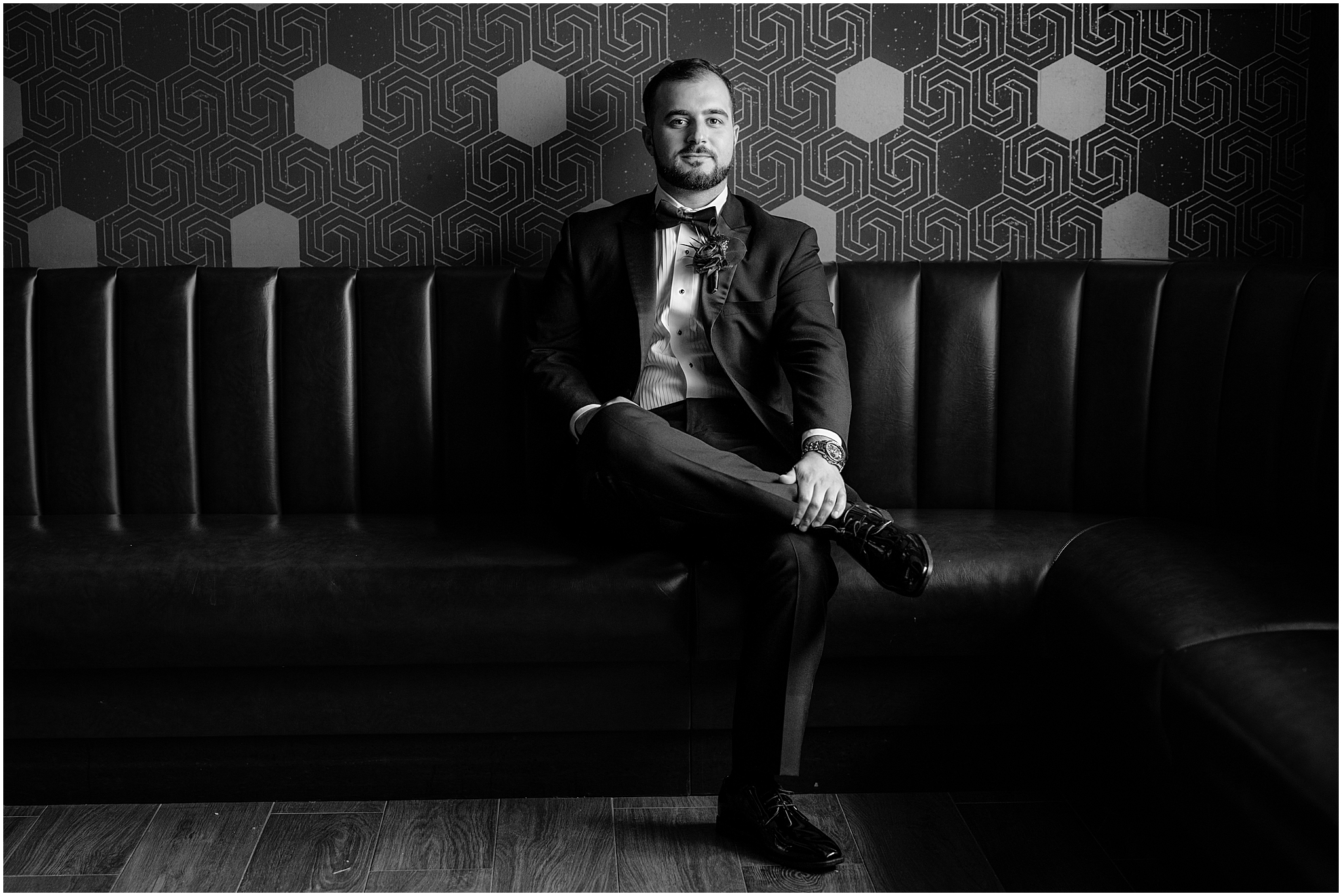 Groom portraits before their fall wedding at Perona Farms Refinery