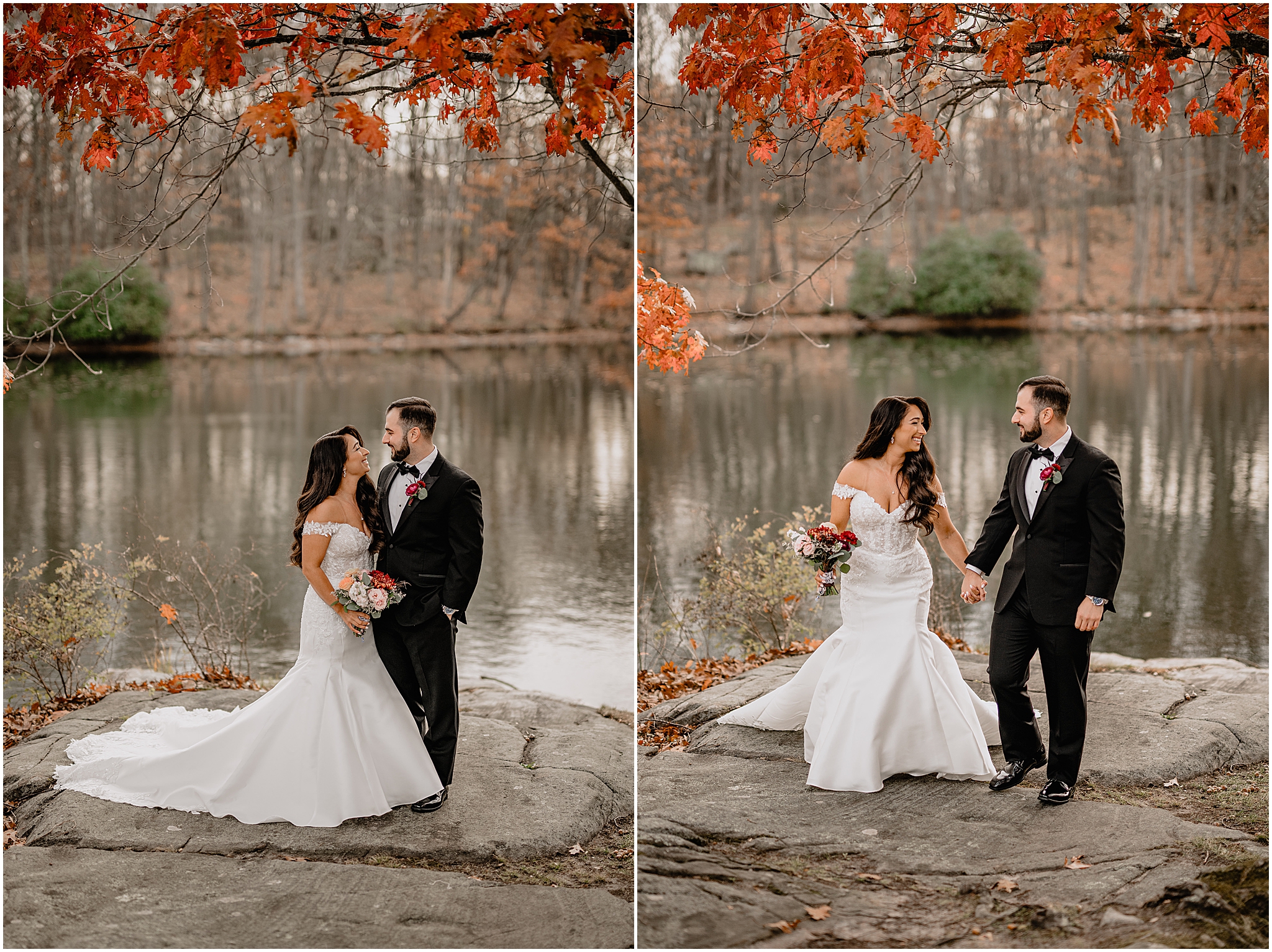 Couple’s stunning portraits by the lake before their fall wedding at Perona Farms Refinery, surrounded by soft light and autumn scenery.