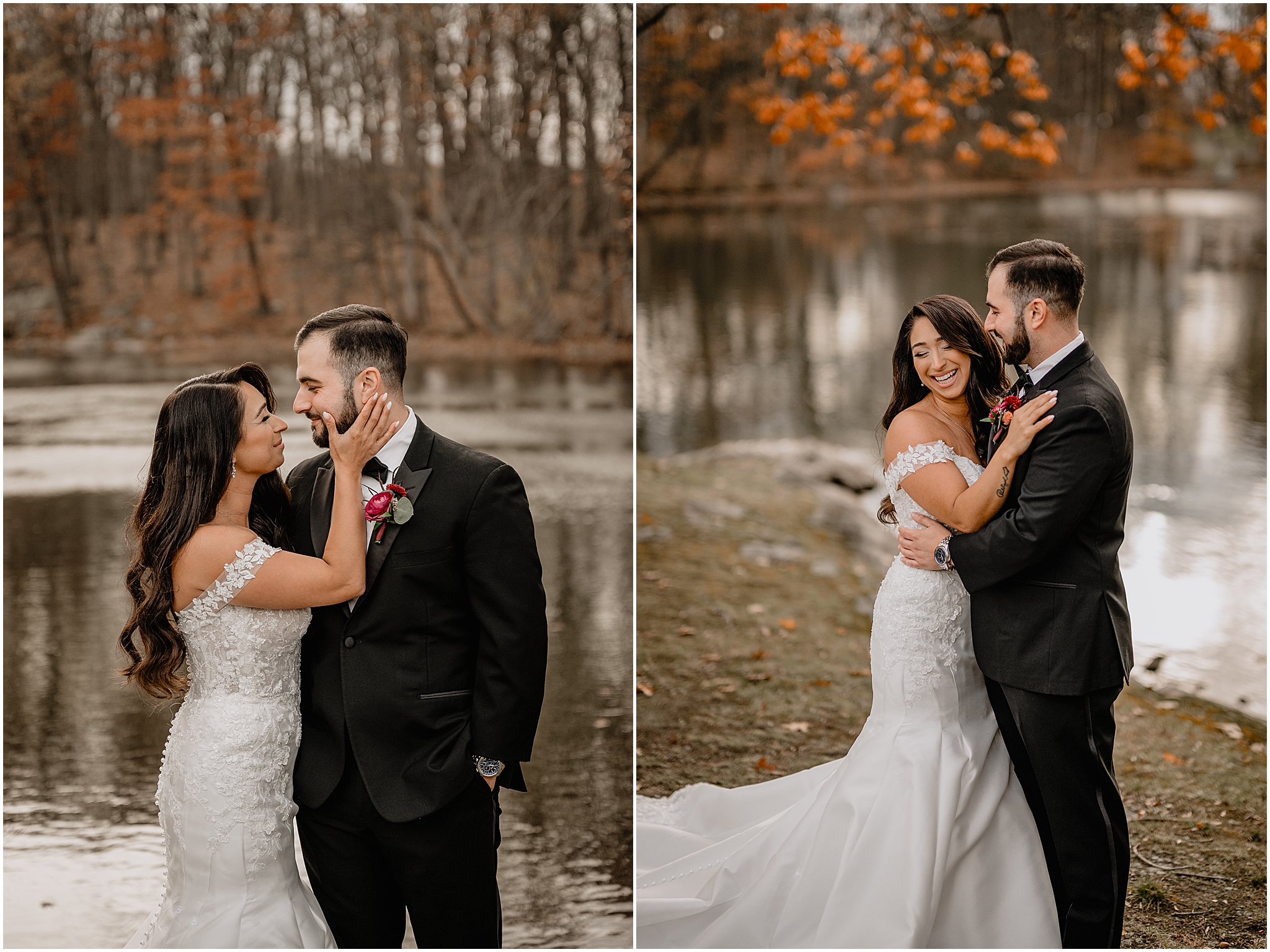 Couple’s stunning portraits by the lake before their fall wedding at Perona Farms Refinery, surrounded by soft light and autumn scenery.