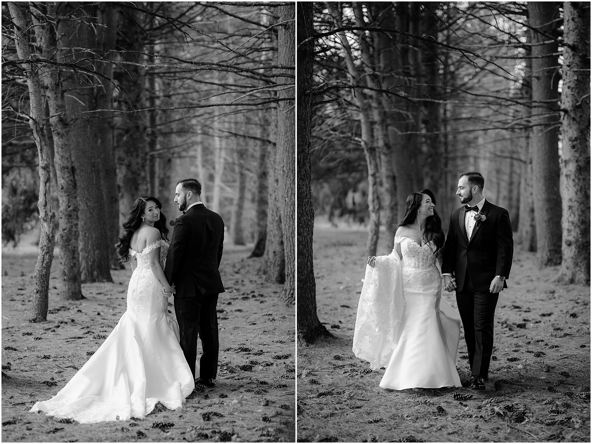 Couple’s stunning portraits by the trees before their fall wedding at Perona Farms Refinery, surrounded by soft light and vibrant autumn foliage.