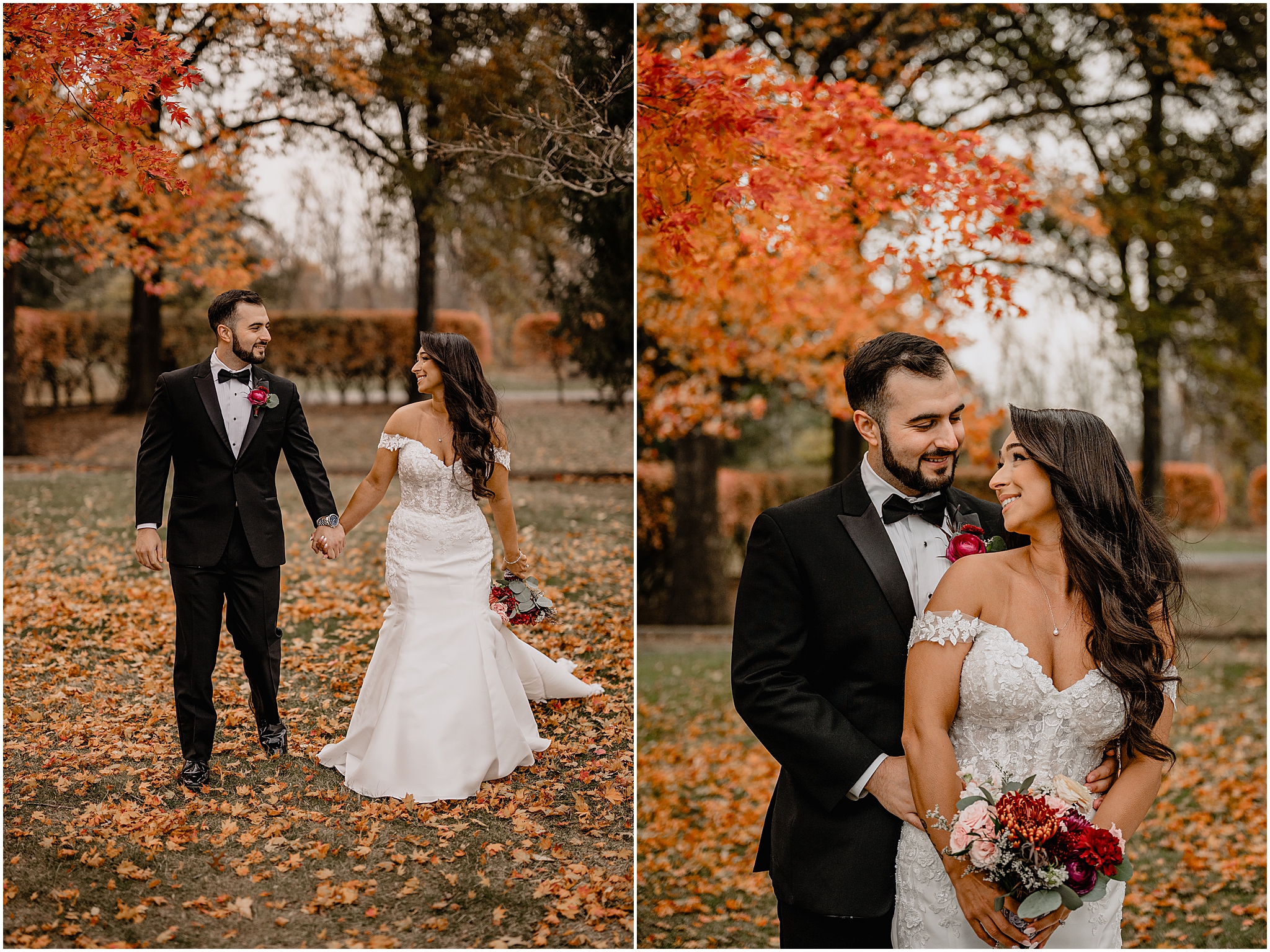 Couple’s stunning portraits in front of a beautiful autumn tree before their fall wedding at Perona Farms Refinery, bathed in soft light and surrounded by vibrant fall foliage.