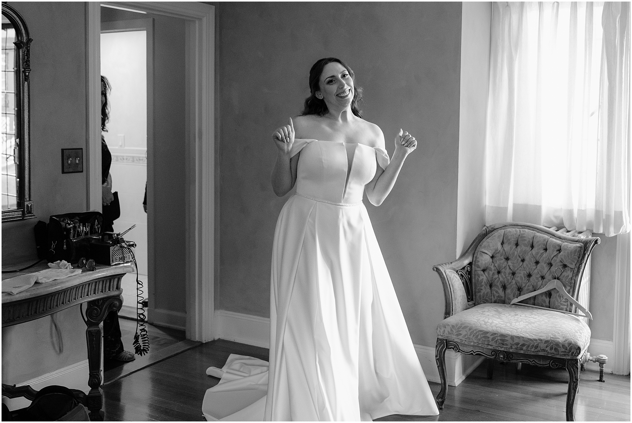 Bride getting ready before her halloween wedding at Pleasantdale Chateau.