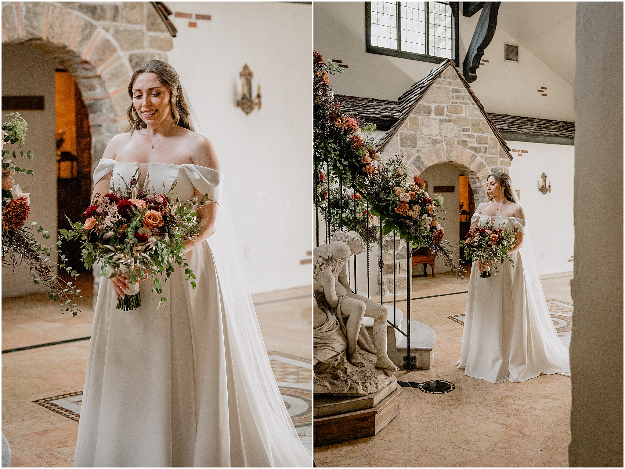 Bride's portrait before their halloween wedding at Pleasantdale Chateau