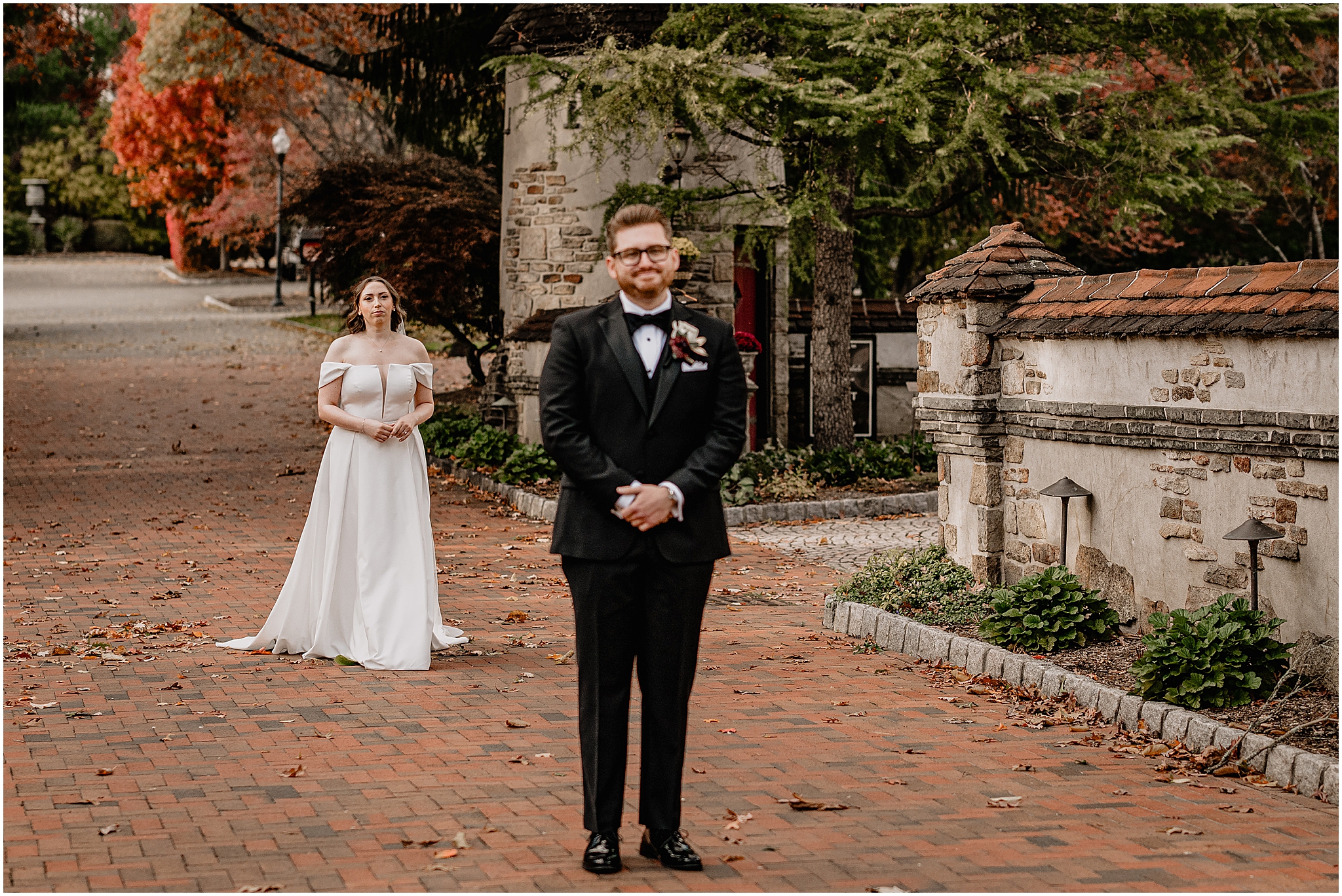 Couple's first look before their halloween wedding at Pleasantdale Chateau.