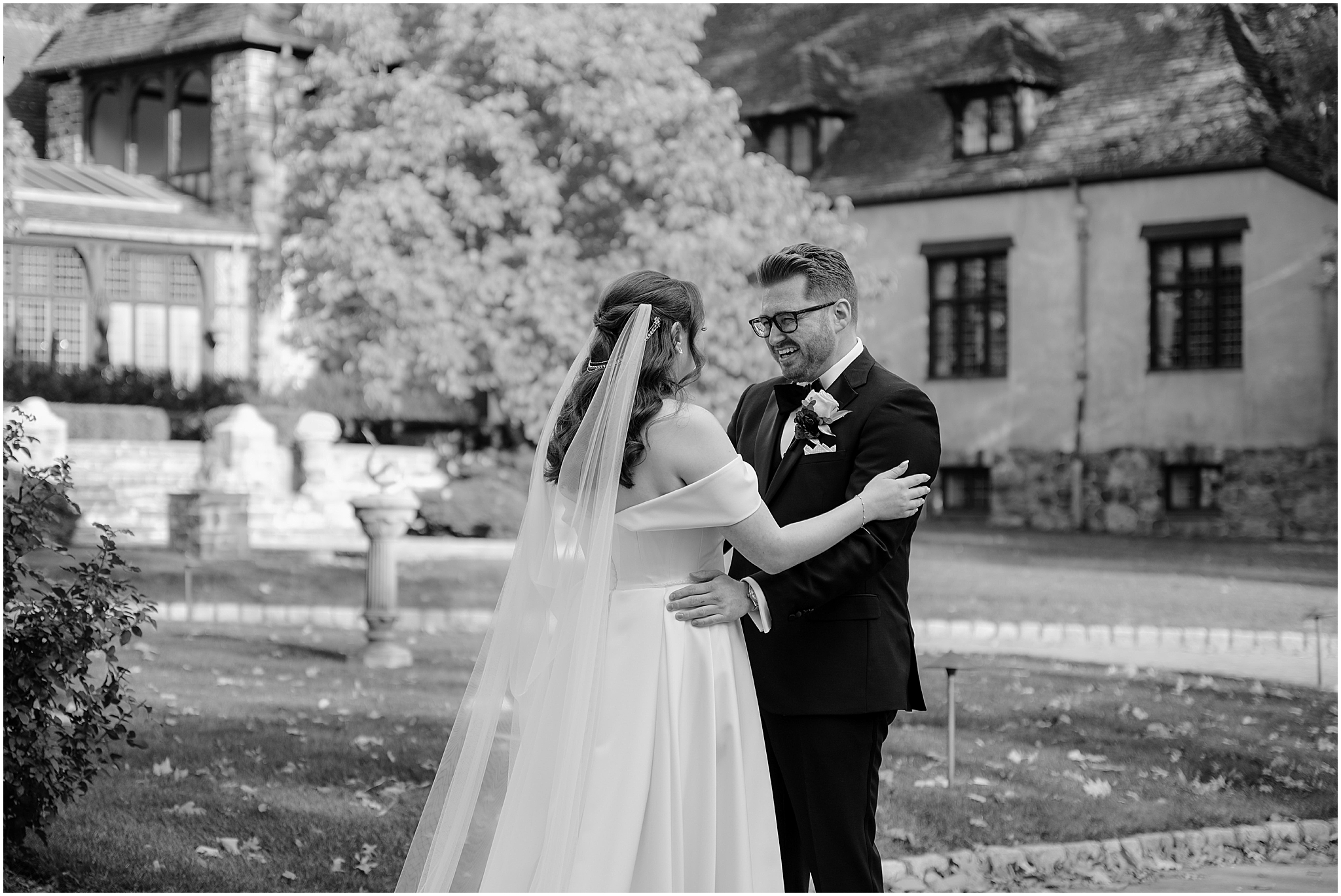Couple's first look before their halloween wedding at Pleasantdale Chateau.