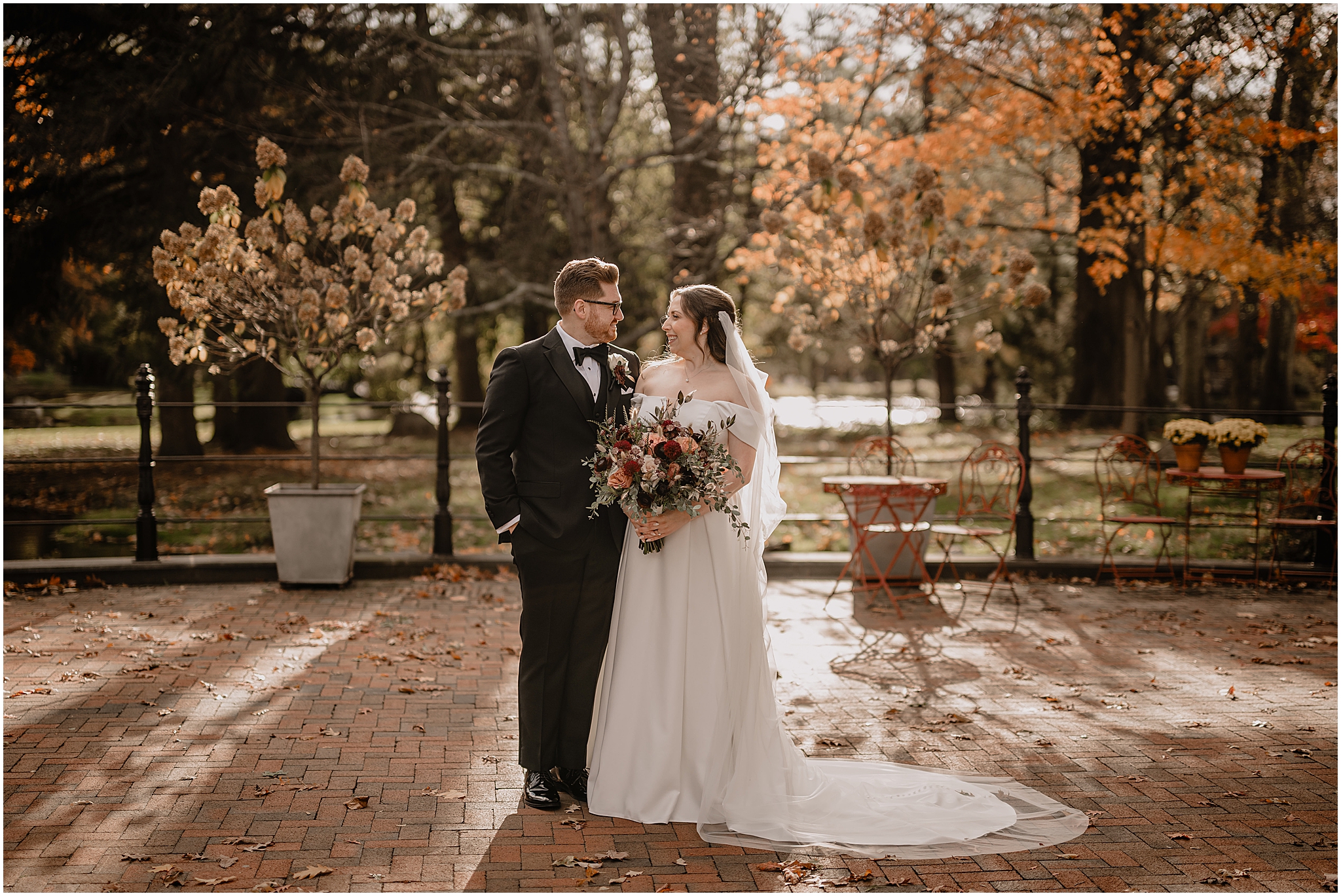 Couple’s portraits before their halloween wedding at Pleasantdale Chateau, captured in soft natural light with a timeless, intimate feel.