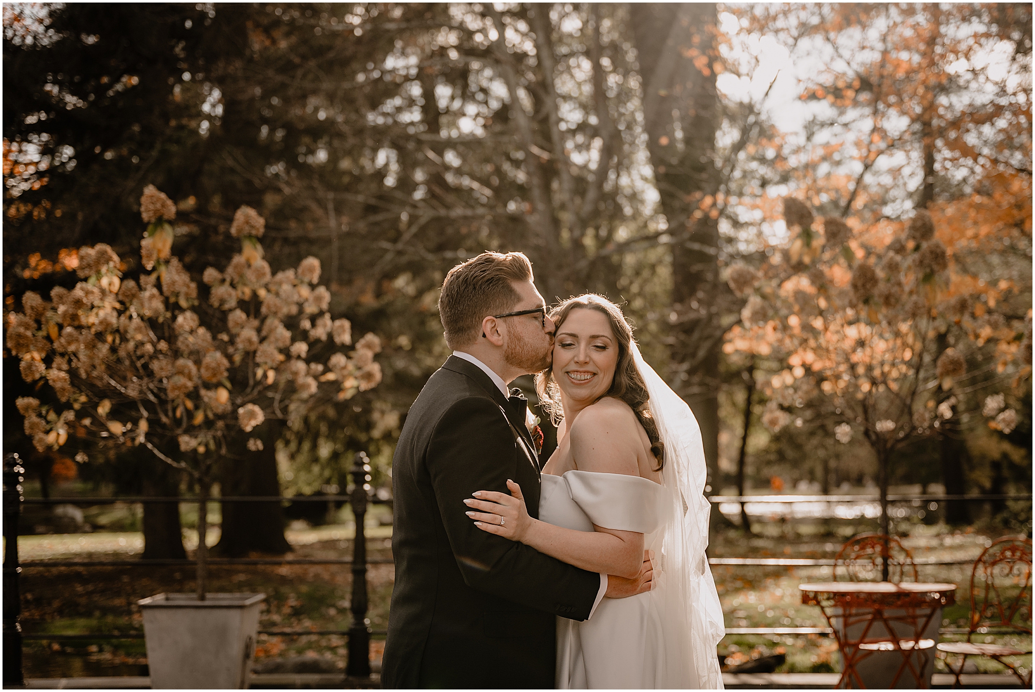 Couple’s portraits before their halloween wedding at Pleasantdale Chateau, captured in soft natural light with a timeless, intimate feel.