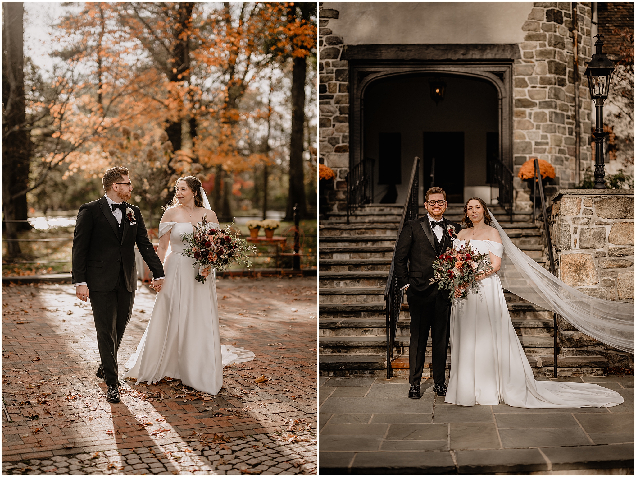 Couple’s portraits before their halloween wedding at Pleasantdale Chateau, captured in soft natural light with a timeless, intimate feel.