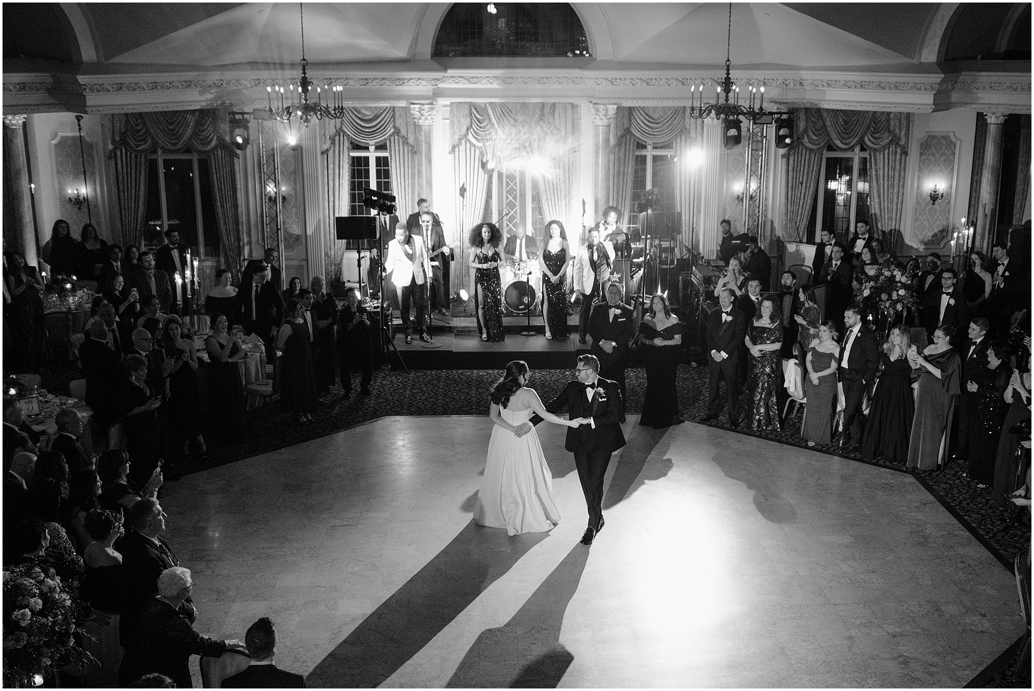 Couple dancing during their reception at their halloween wedding at Pleasantdale Chateau.