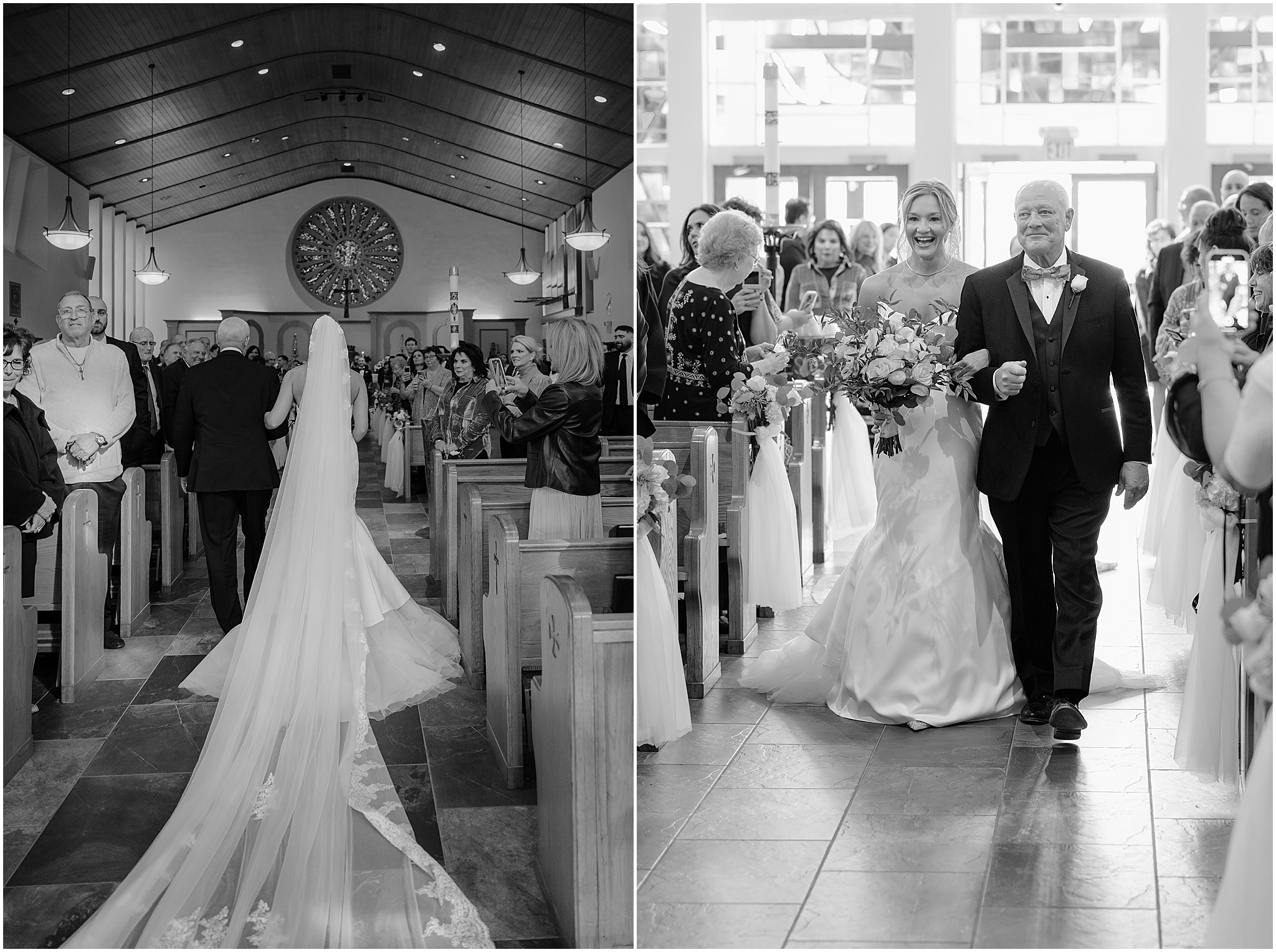 Bride walking down the aisle with her father during her Westmount Country Club wedding, surrounded by family and friends.
