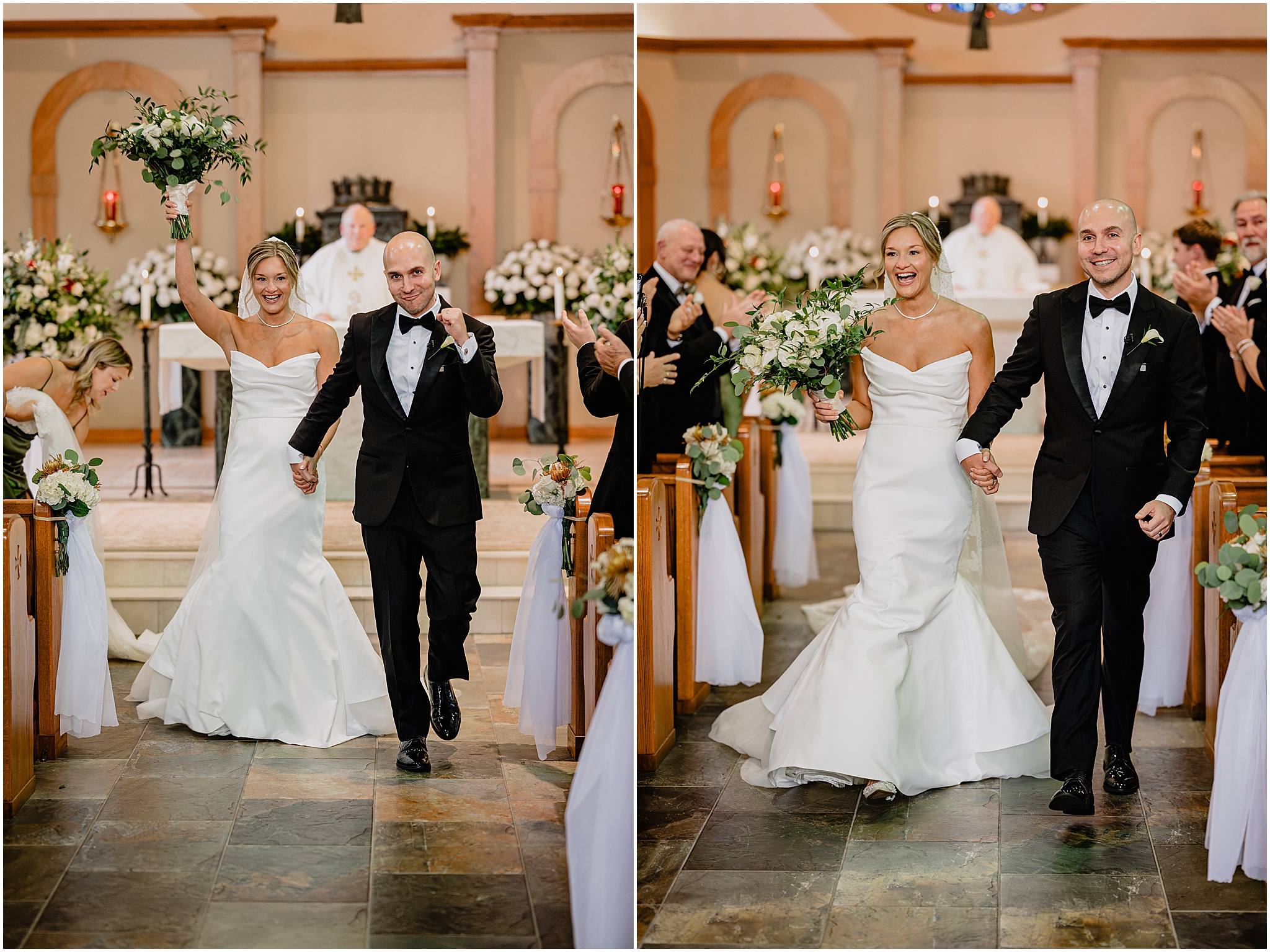 Couple walking down the aisle as newlyweds during their Westmount Country Club wedding, surrounded by cheering guests.