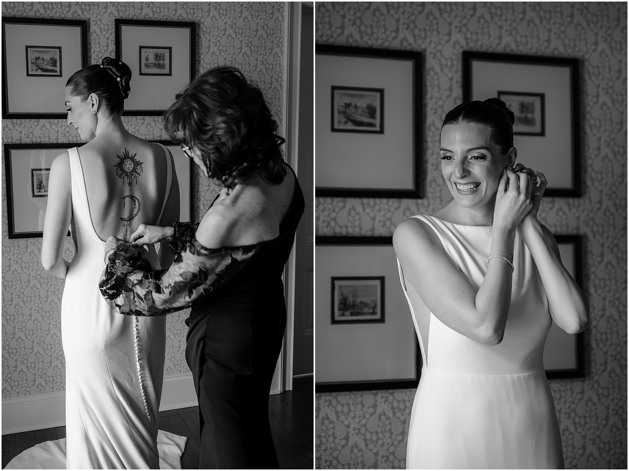 Bride getting ready before their winter wedding at Crossed Keys Estate.