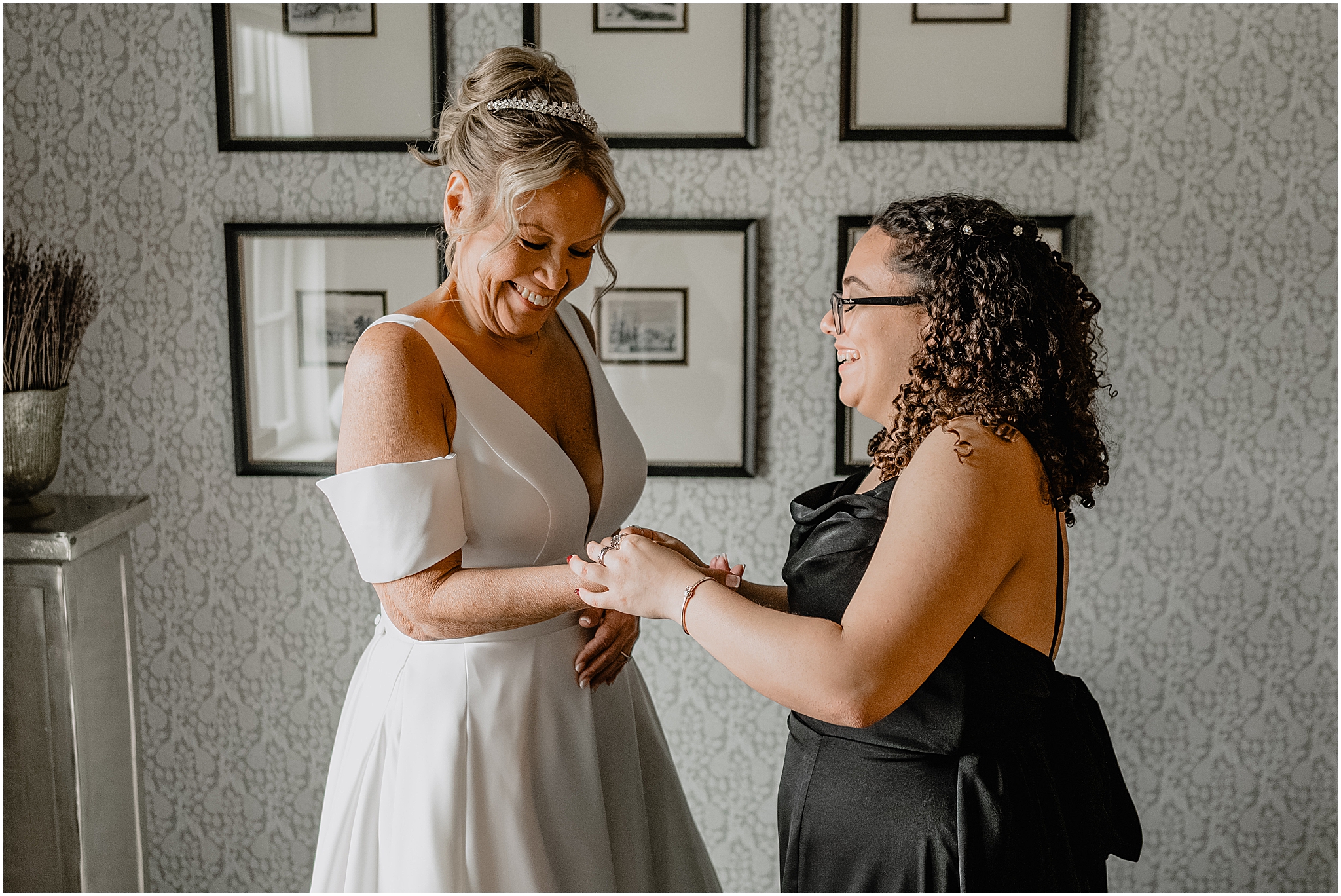Bride getting ready before their winter wedding at Crossed Keys Estate.