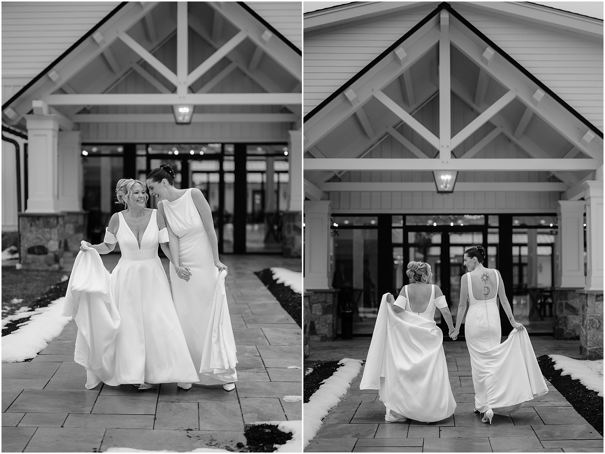 Brides holding hands before their winter wedding at Crossed Keys Estate.