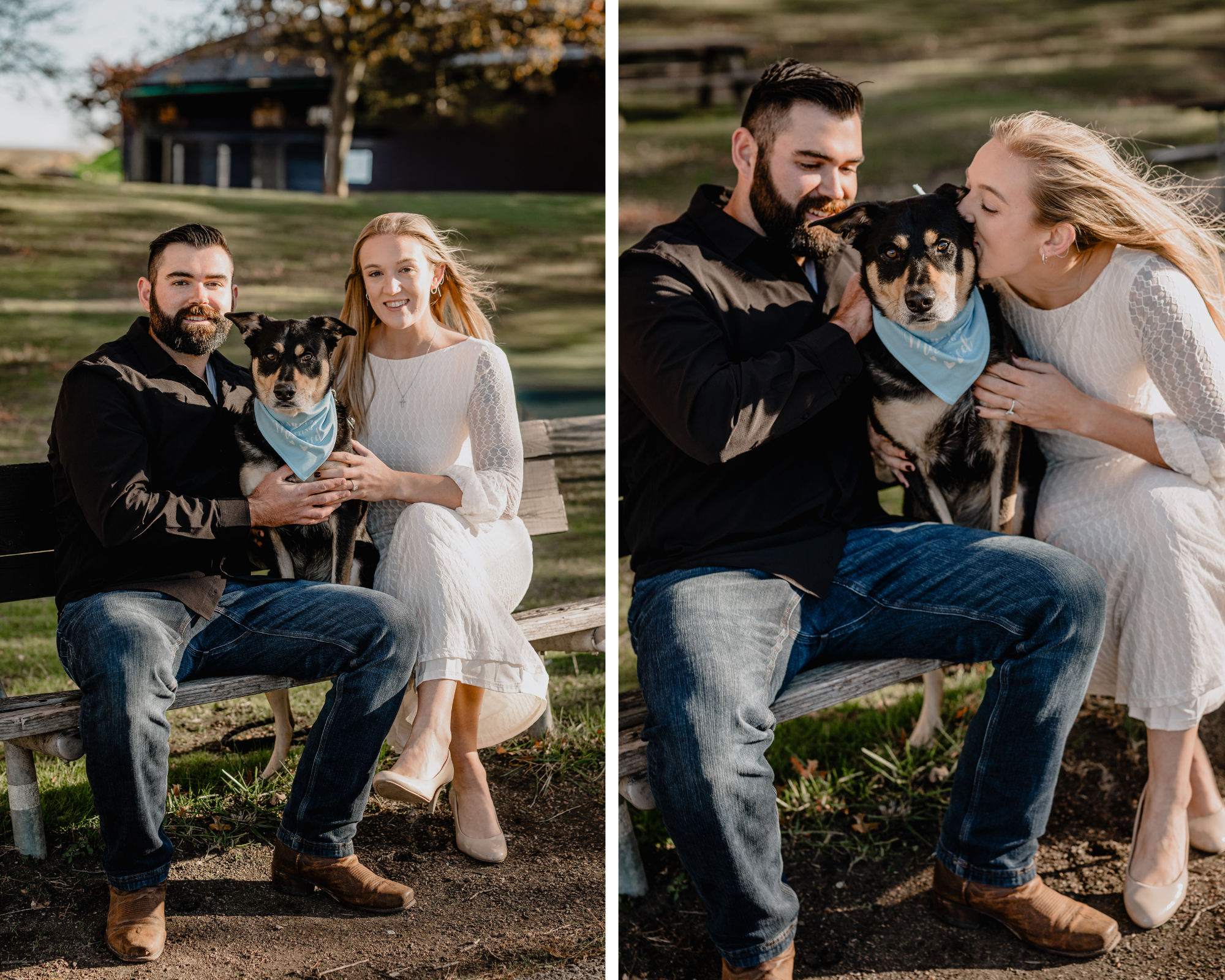 couple sitting on a bench with their beloved dog during their Engagement Session at Bear Mountain