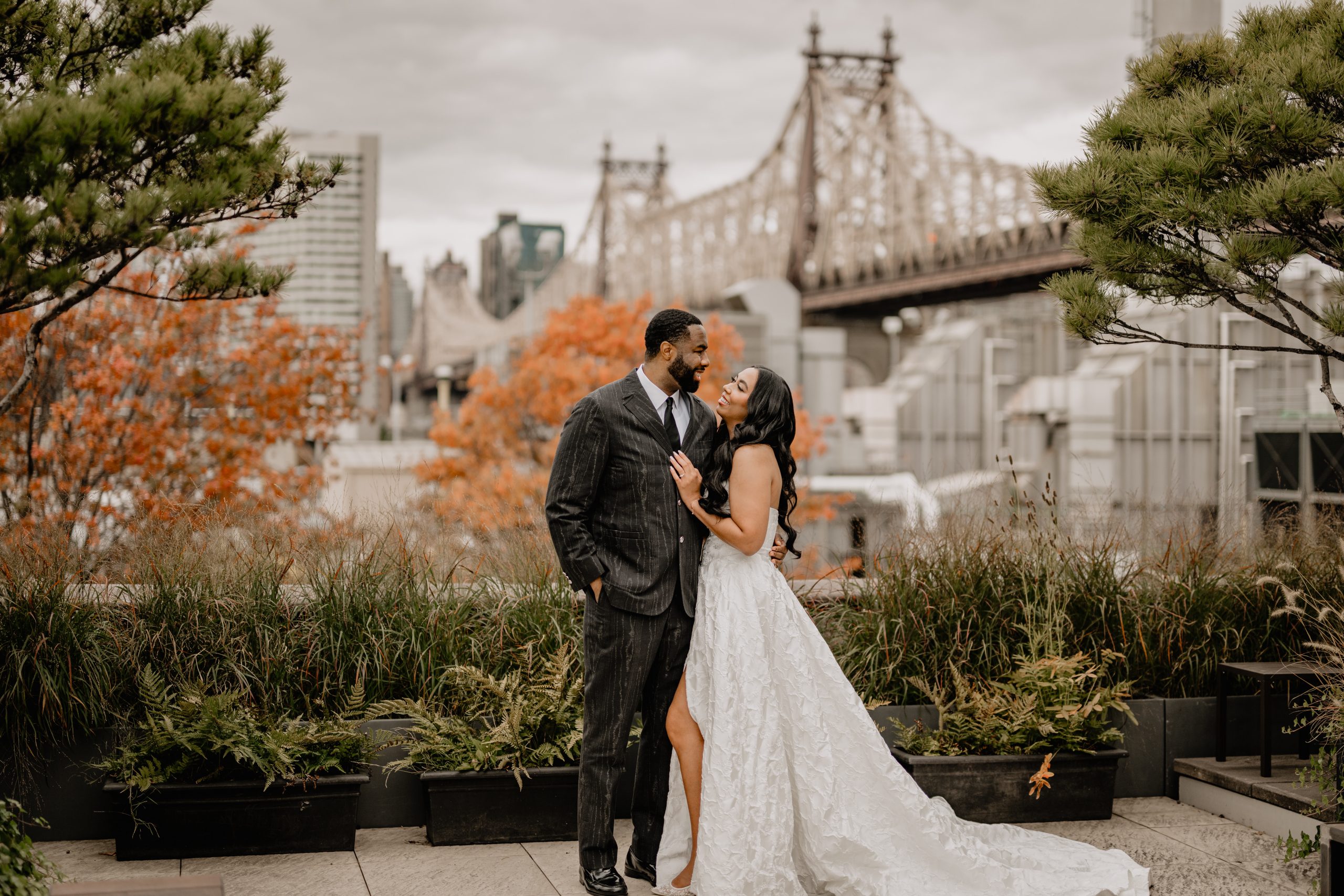 Couple with a city view background and Getting Married at The Foundry.