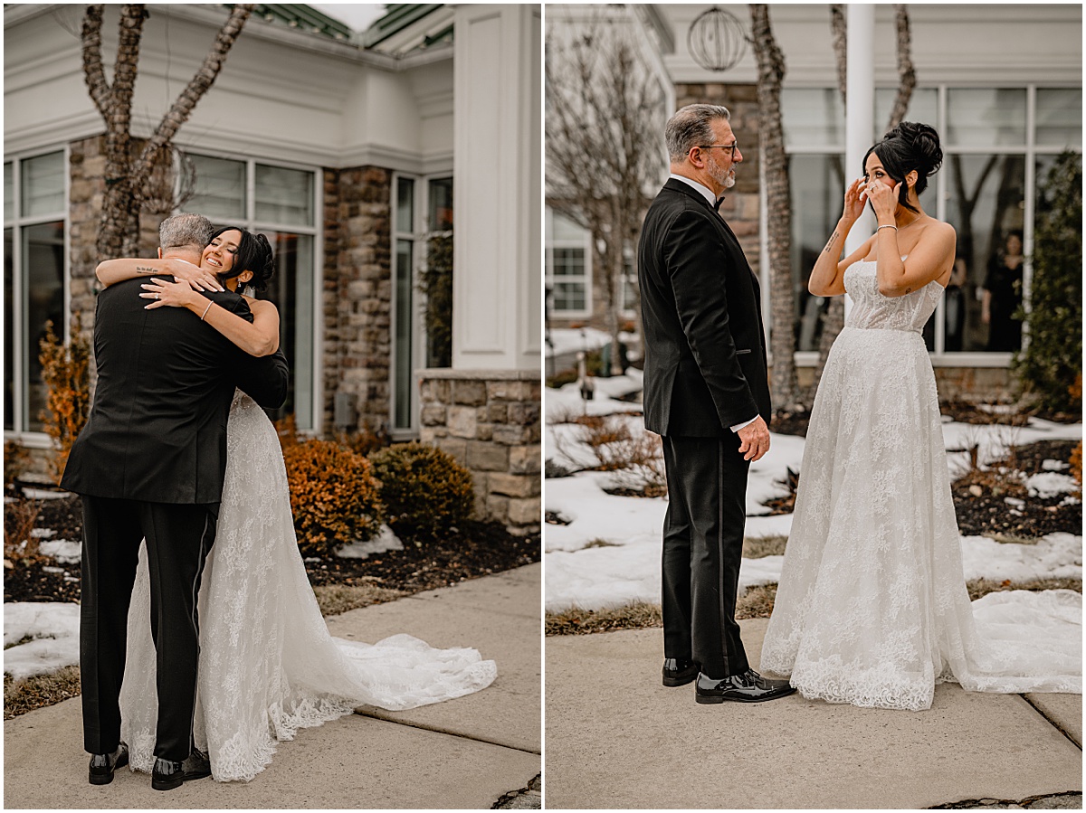 Bride's first look with her father before her winter Hamilton Manor wedding.