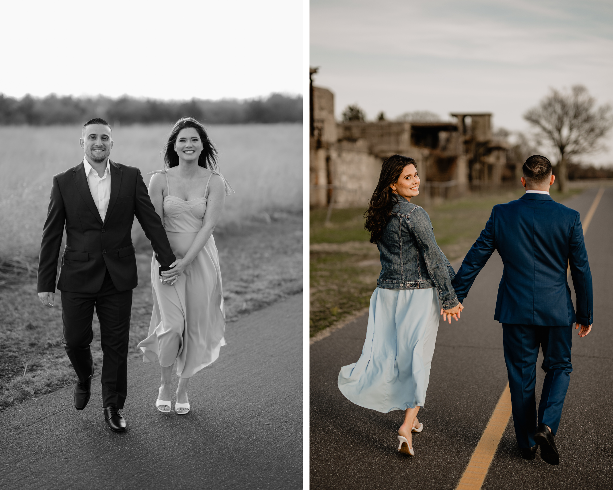 Couple walking while holding hands on their engagement session at Sandy Hook Beach.
