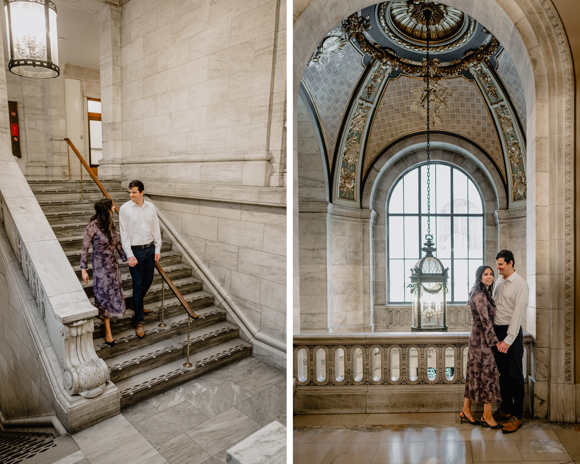 Couple walking down the stairs and standing by the balcony at their Engagement Session at New York Public Library.